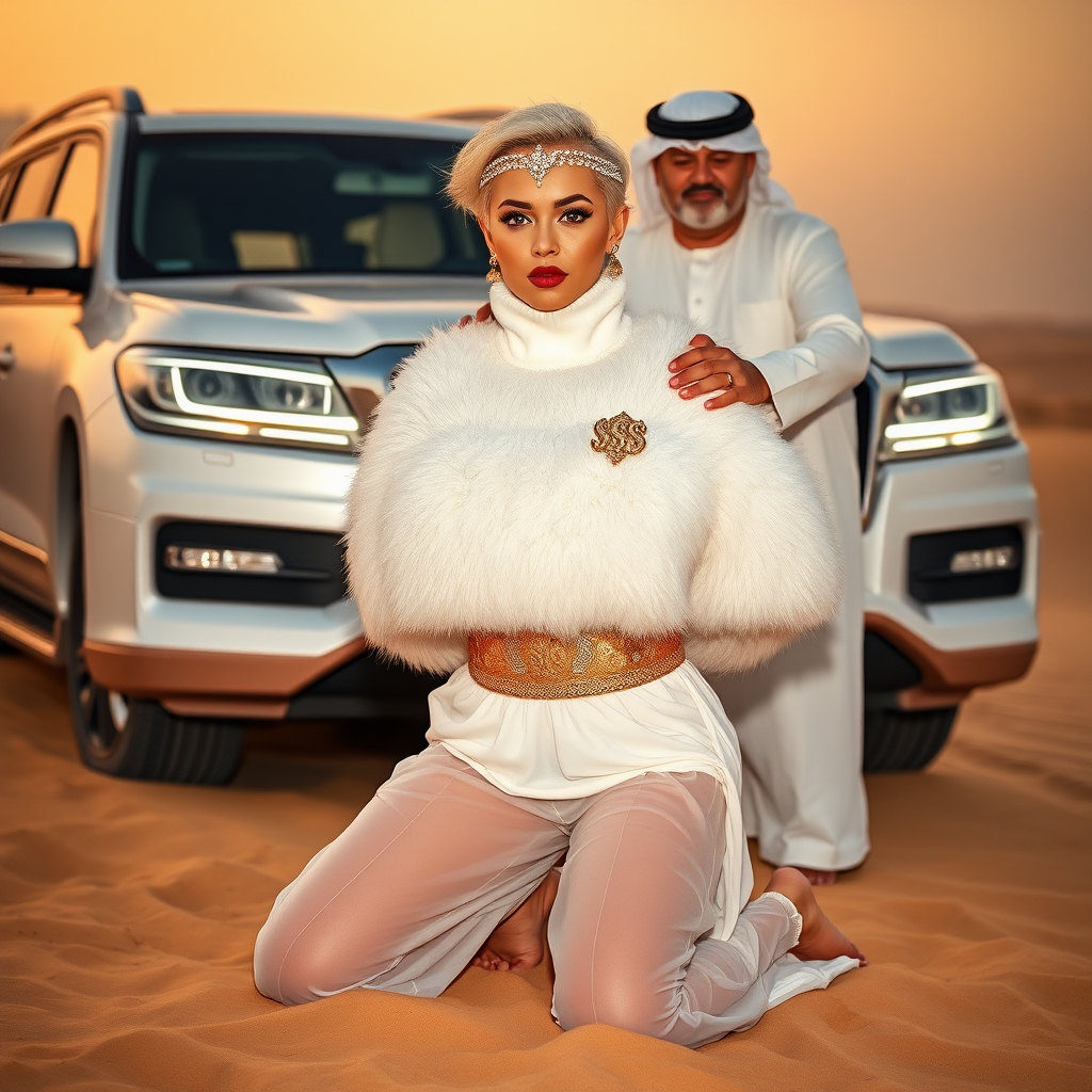 Kuwait desert dunes misty dawn, full size luxury SUV: Melissa, European 17 years old very convincing femboy “trophy-bimbo”, tamed servile docile, very beautiful feminine flawless face, rather short, by hormones very curvaceous womanly figured, platinum blond short tight curls, bold red lips, heavily made-up face, wearing Supertanya-style fluffy very fuzzy bright white angora turtleneck-poncho cropped ending under bust decorated with pearls and gemstones, striking oriental wide gold bridal protection belt, white fully transparent harem pants, full Oriental bridal jewelry including headpiece, nose-ring, coin anklets, striking diamond “$$$” letter brooch on left chest, pout frustrated, hands tied behind back, kneeling in sand in front of SUV, looking at camera. Focus on face and turtleneck-poncho. Standing behind Melissa: older overweight tall proud sheik, approvingly padding Melissa.