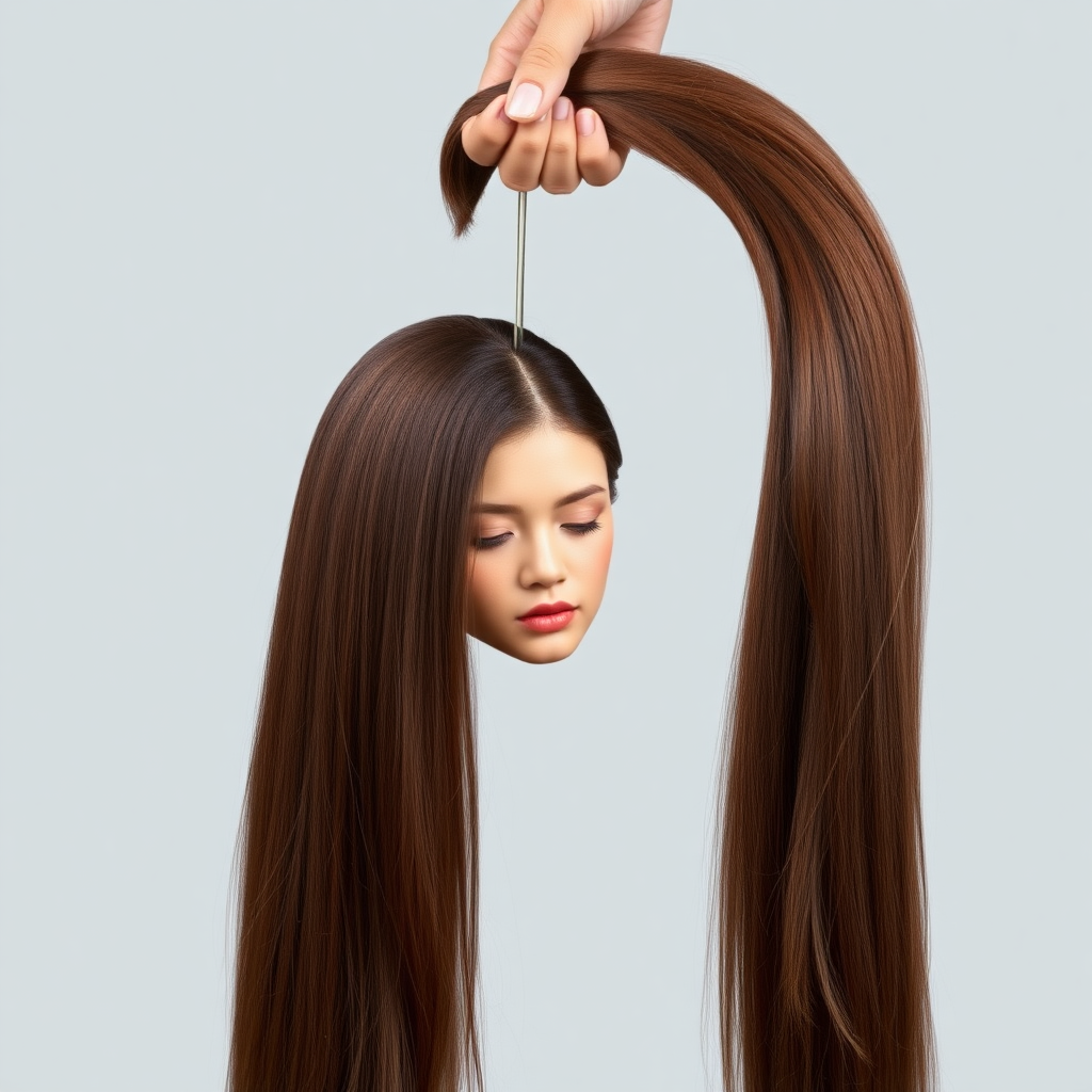 Surreal image of a very long haired woman's beautiful disembodied head hanging by her very long hair. Her very long hair is gathered at the top of her head into a long ponytail that stretches upward into a grasped hand. Plain gray background.