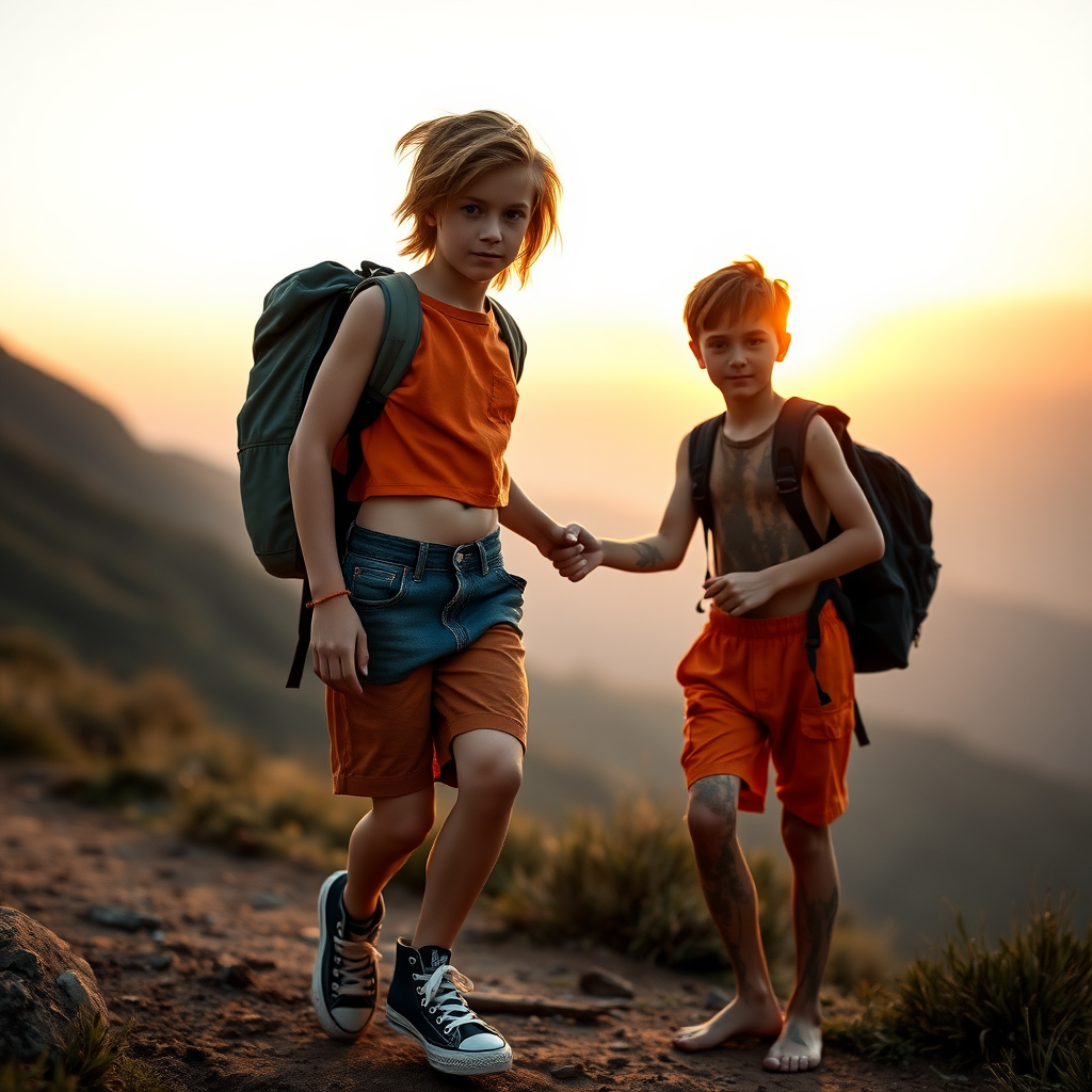 A top model 14yo teen boy, brunette, long layered haircut with a messy hair, wearing a denim booty shorts, a crop top, Black converse all star shoes, with a hiking backpack on his shoulder, he is helping another 14yo teen boy to walk back to his camp. The second boy is wearing booty short orange inmate outfit, he is dirty, covered with mud, barefoot. They are walking in the mountain, at sunset. Both of the boys are looking at the camera. long legs, bare thighs. 1980s style.