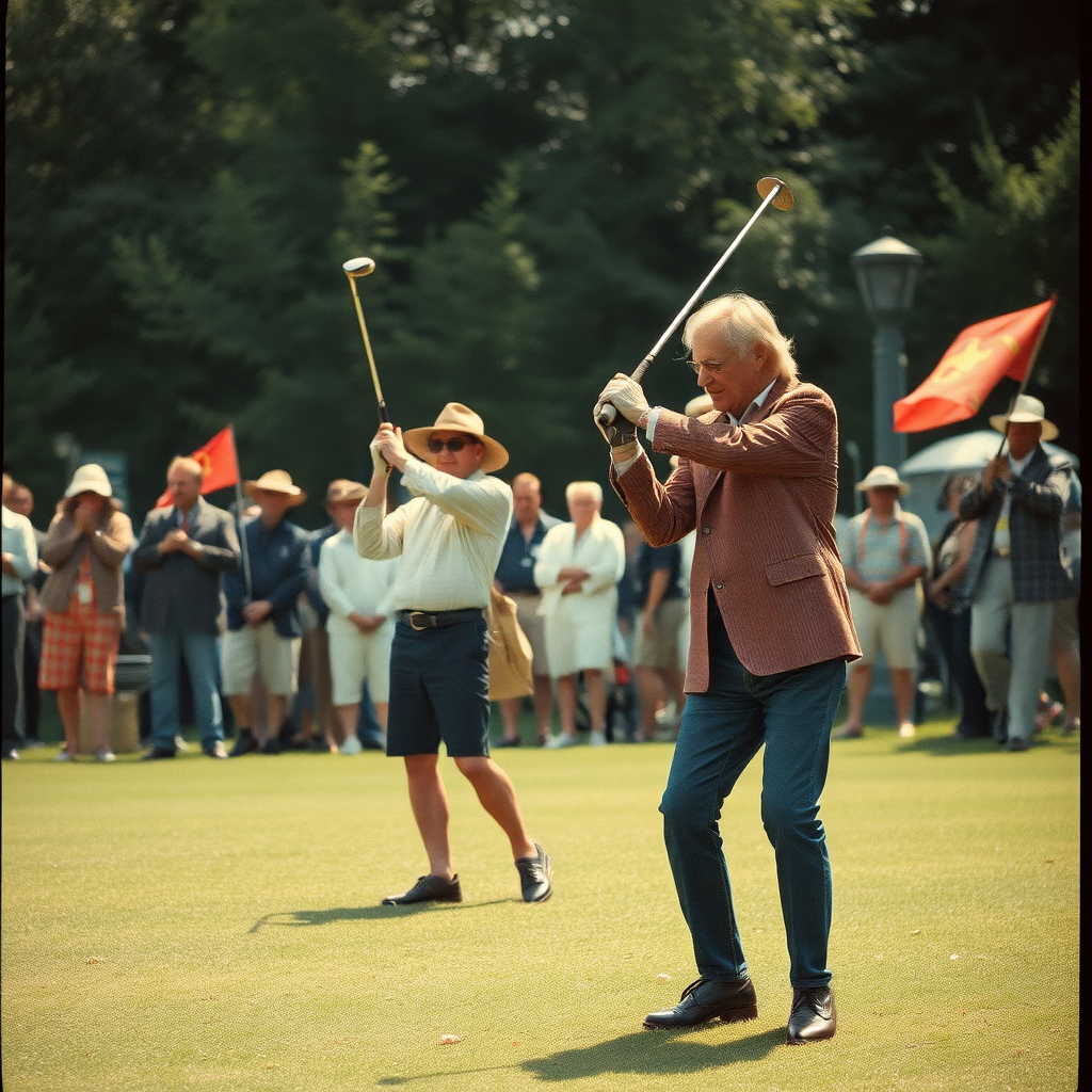 Highly detailed Kodachrome color real British surrealistic photograph from 1978 of August saw a contest fit for Kings  
From far and wide they came to trade their swings  
Little grubs with stone-age clubs  
And tanners' sons with foxes gloves  
They came to face the stiffest course since Tring