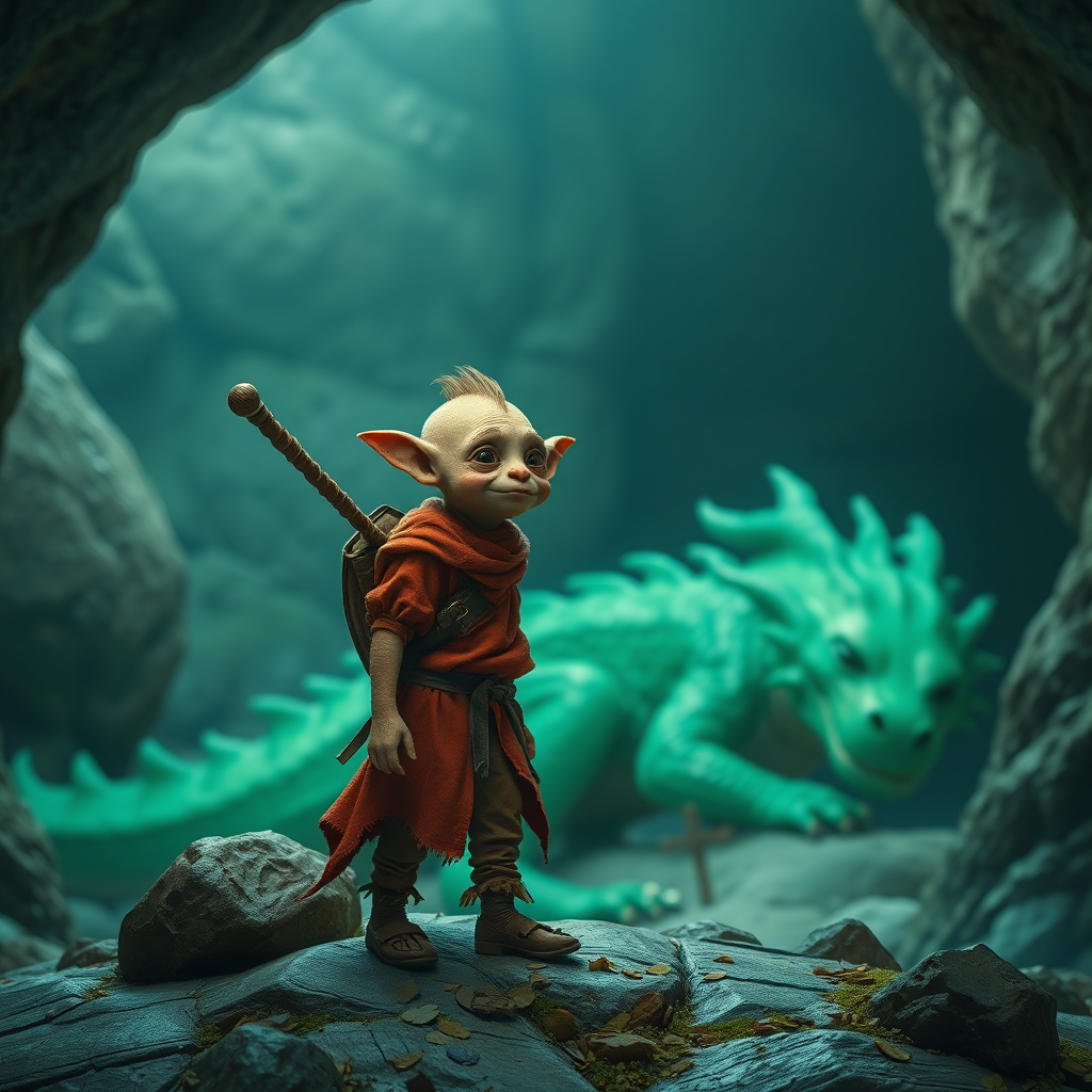 A realistic shot of a small, skinny, light brown, kobald monster in a tattered red tunic and dirty brown pants wearing a quaterstaff on his back who is excited to see a large sleeping green dragon in a cave.