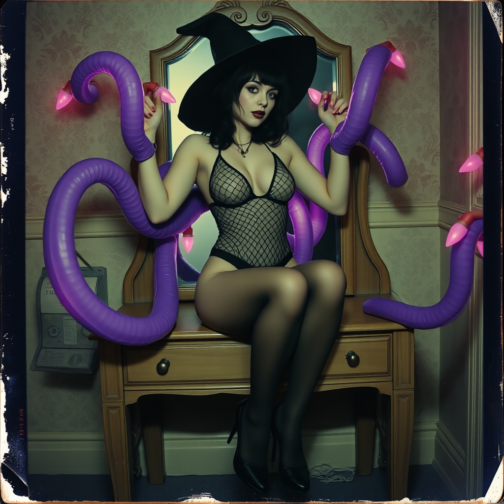 Scan of an nsfw old polaroid photograph with visible wear and heavy vignetting and blue color tint and light leaks, depicting a sexy pale curvy alt goth girl with black hair wearing skimpy fishnet black bodysuit and gstring revealing her nipples and wearing black stockings and high heels, sitting on a builtin vanity with mirror in old house with wallpaper on walls with her knees spread apart. Camera flash used. Dark lighting. Moody and hazy. Grunge look. Erotic. Nude. Pink Christmas Lights on wall. She is wearing a witch hat and is being restrained by giant glowing translucent purple tentacles coming from inside the mirror, wrapping around her arms and legs and torso. The tentacles are pulling her back towards the mirror.