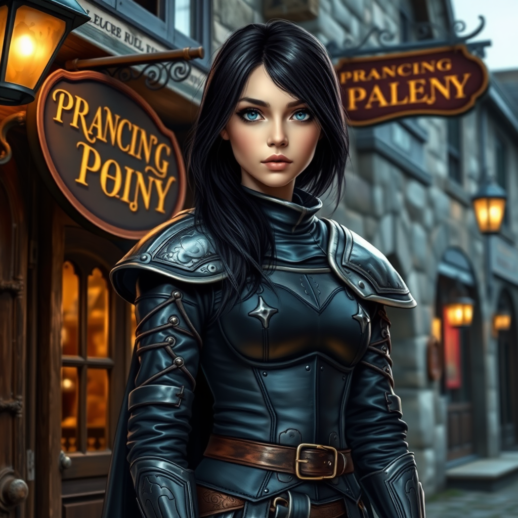 beautiful young woman, dark hair past her shoulders, blue eyes, small, slim figure, wearing full leather armor suit, long cloak, standing next to medieval tavern with sign: "Prancing Pony".