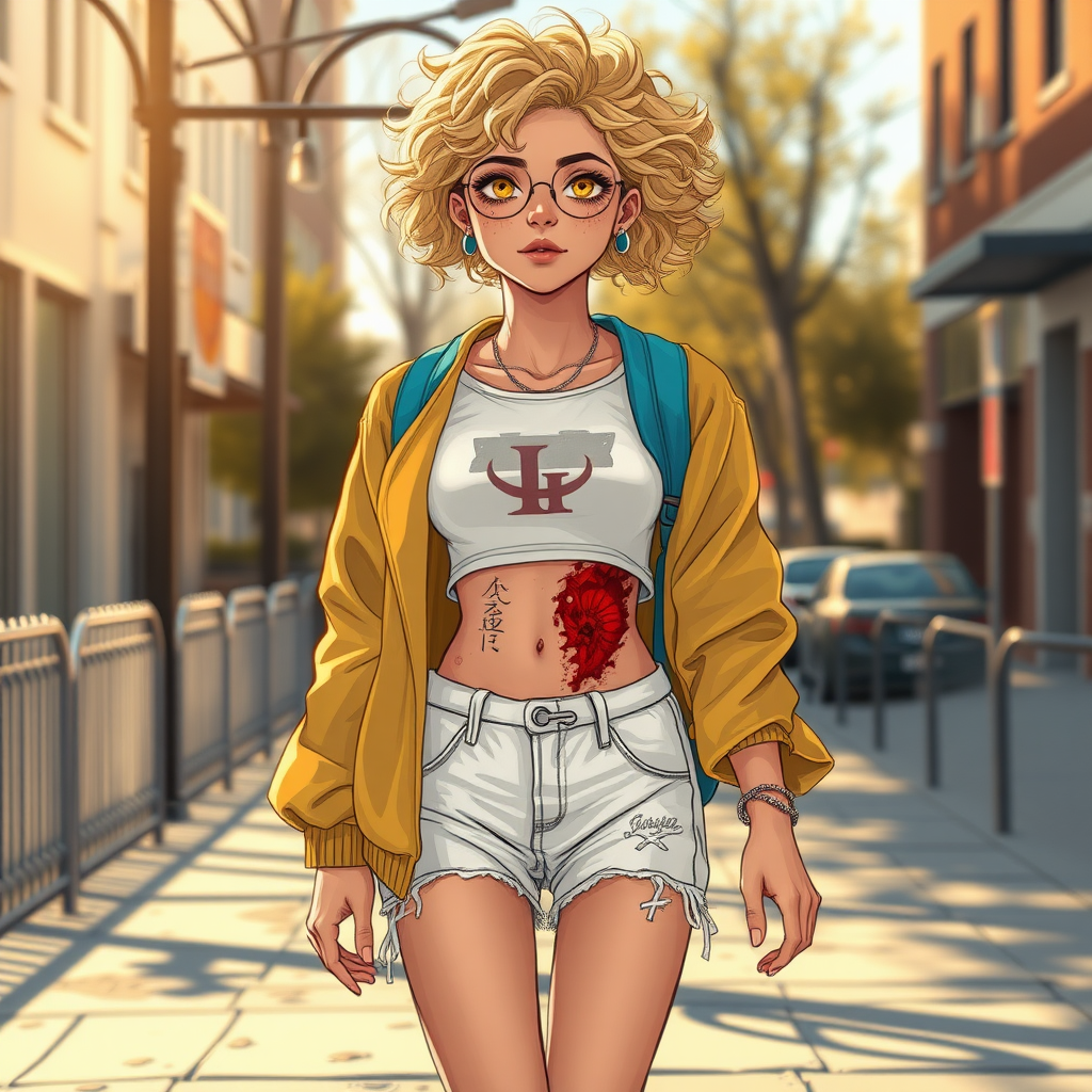 Realistic drawing style image, Extremely good quality 8k resolution drawn manga image of a 15 year old petite and short tomboy girl with golden blonde curly hair with mixed and different colored eyes for each eye and moles on her entire body and is a white American girl, Has on a Gold Jacket over a white extremely short crop top only covering her breasts and nothing more with a design on it, and has on ripped shorts and cool looking sneakers and a deep and big knife cut wound on her stomach from a huge injury she had, with a bright color backpack, ear piercings on, walking on the street to school in the morning with the beautiful sunlight lighting up her body beautifully with no tattoos.