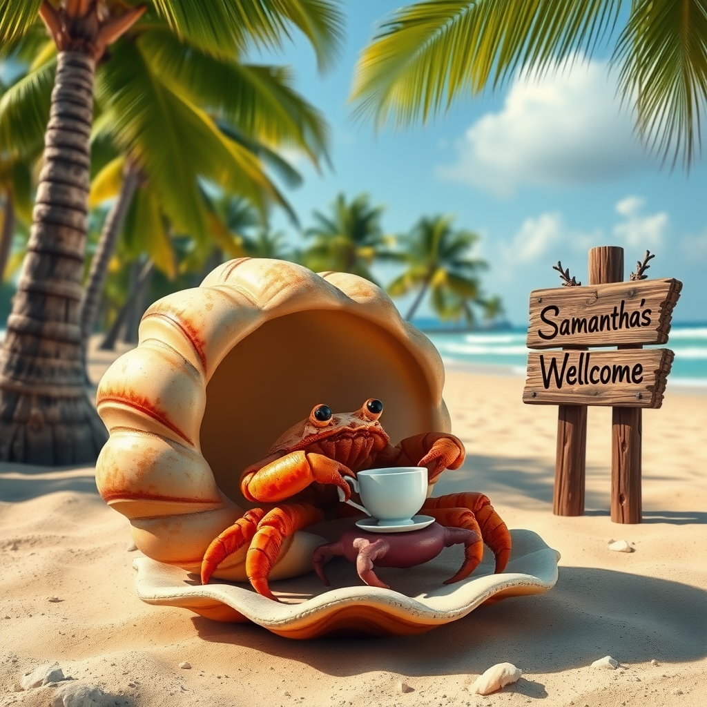 A photo realistic hermit crab in a large spiral shell having a tea party on a beach with palm trees with a near by sign that says "Samantha's Welcome"