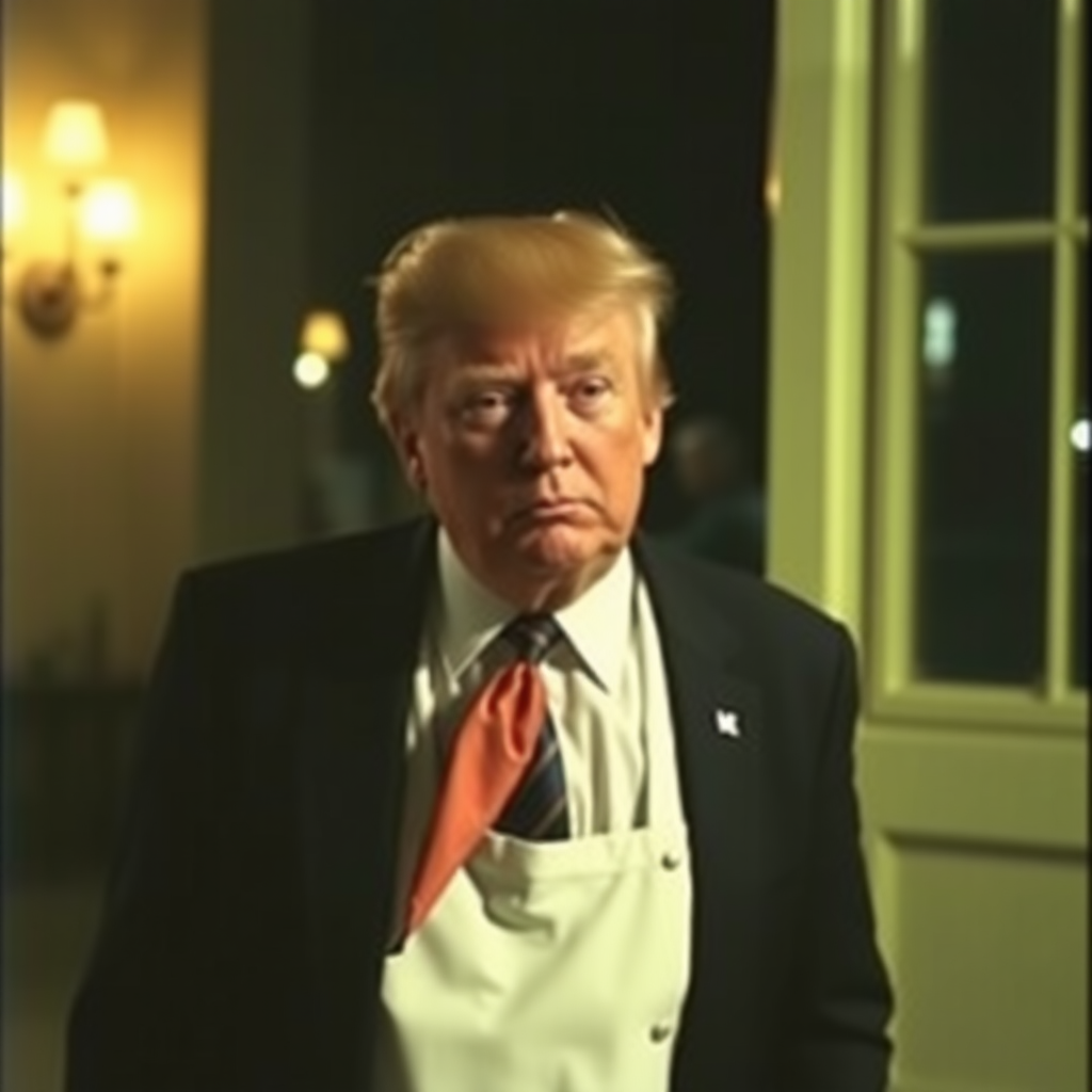 donald trump dressed in a maid outfit, old 2000 phone grainy picture, night, bad lighting