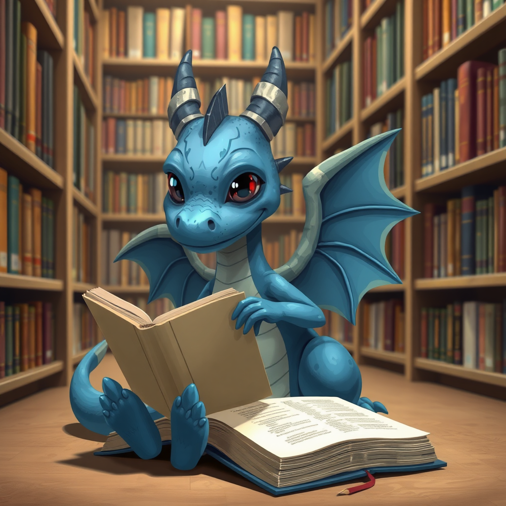 A realistic bored blue small dragon with two legs, two arms, black eyes with red pupils and wings in a library reading from a large book that is sitting on the ground beside him.