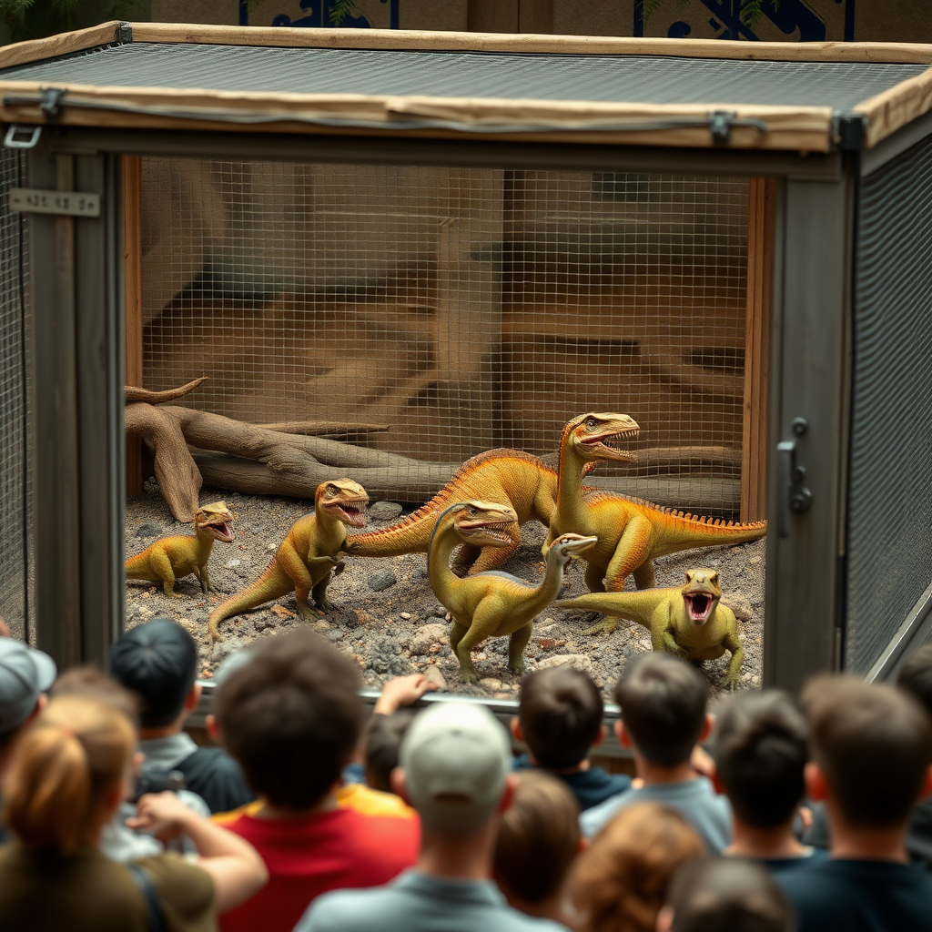 small dinosaurs in a completely enclosed cage with a crowd of people outside the cage staring at them