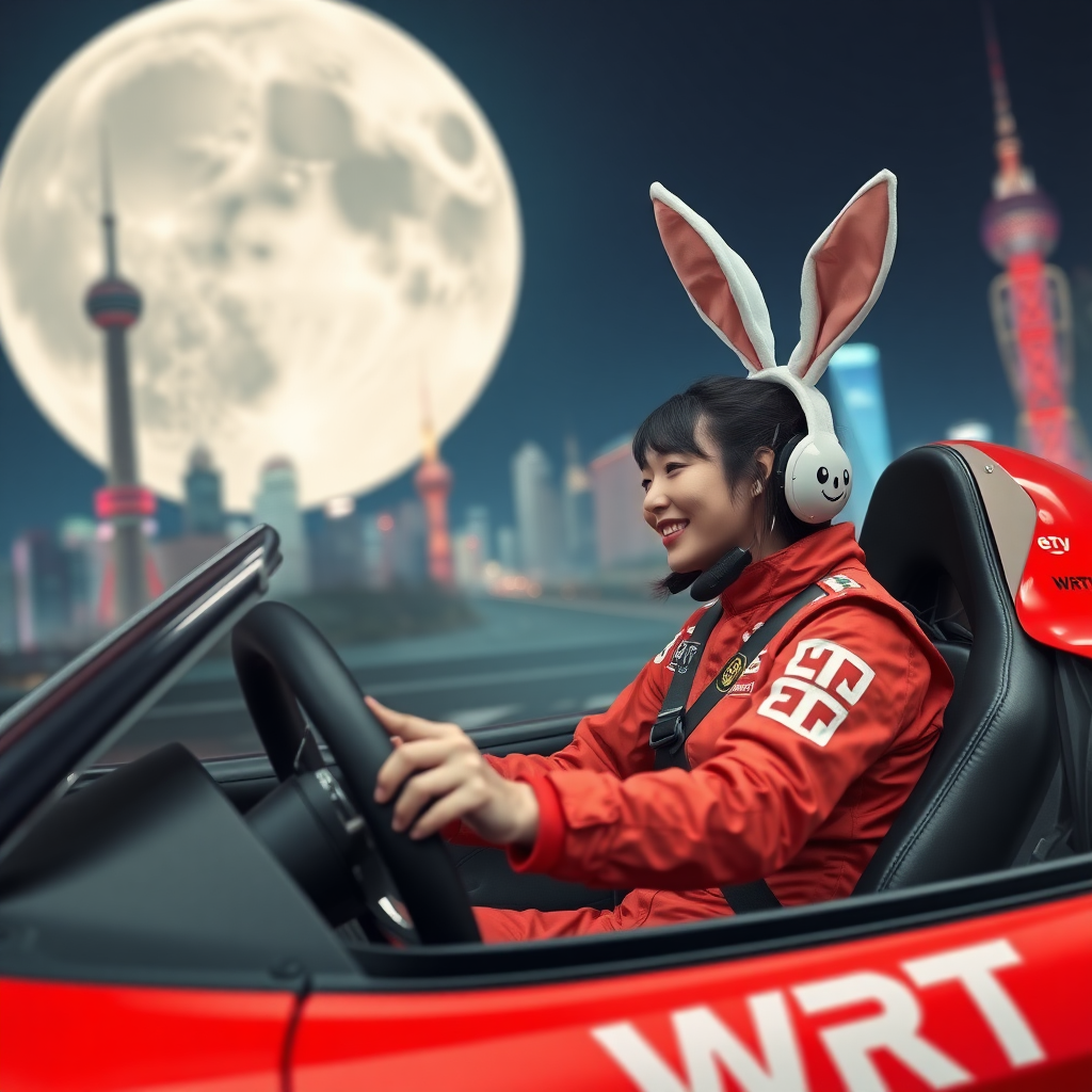 On the red race car, only "WRT" is written. A Chinese beauty driver, wearing bunny ears, smiles as she drives. On her red racing suit, only "WRT" is written as well. The background features the night view of Shanghai and a huge moon.