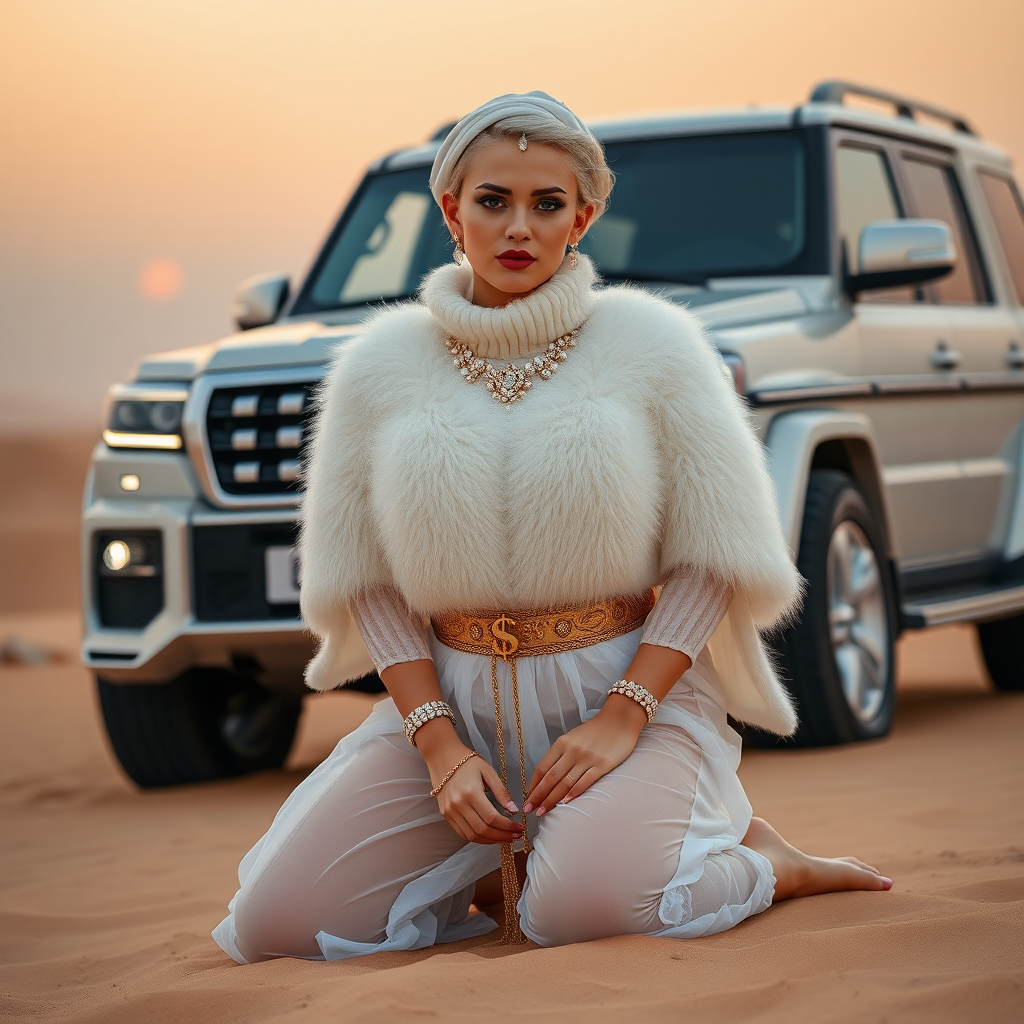 Kuwait desert dunes misty dawn, full size luxury SUV: Melissa, European 17 years old very convincing femboy “trophy-bimbo”, tamed servile docile, very beautiful feminine flawless face, rather short, by hormones very curvaceous womanly figured, platinum blond short tight curls, bold red lips, heavily made-up face, wearing Supertanya-style fluffy very fuzzy bright white angora turtleneck-poncho cropped ending under bust decorated with pearls and gemstones, striking oriental wide gold bridal protection belt, white fully transparent harem pants, full Oriental bridal jewelry including headpiece, Battoulah face veil, coin anklets, striking diamond “$$$” letter brooch on left chest, pout frustrated, hands tied behind back, kneeling in sand in front of SUV, looking at camera. Focus on face and turtleneck-poncho.