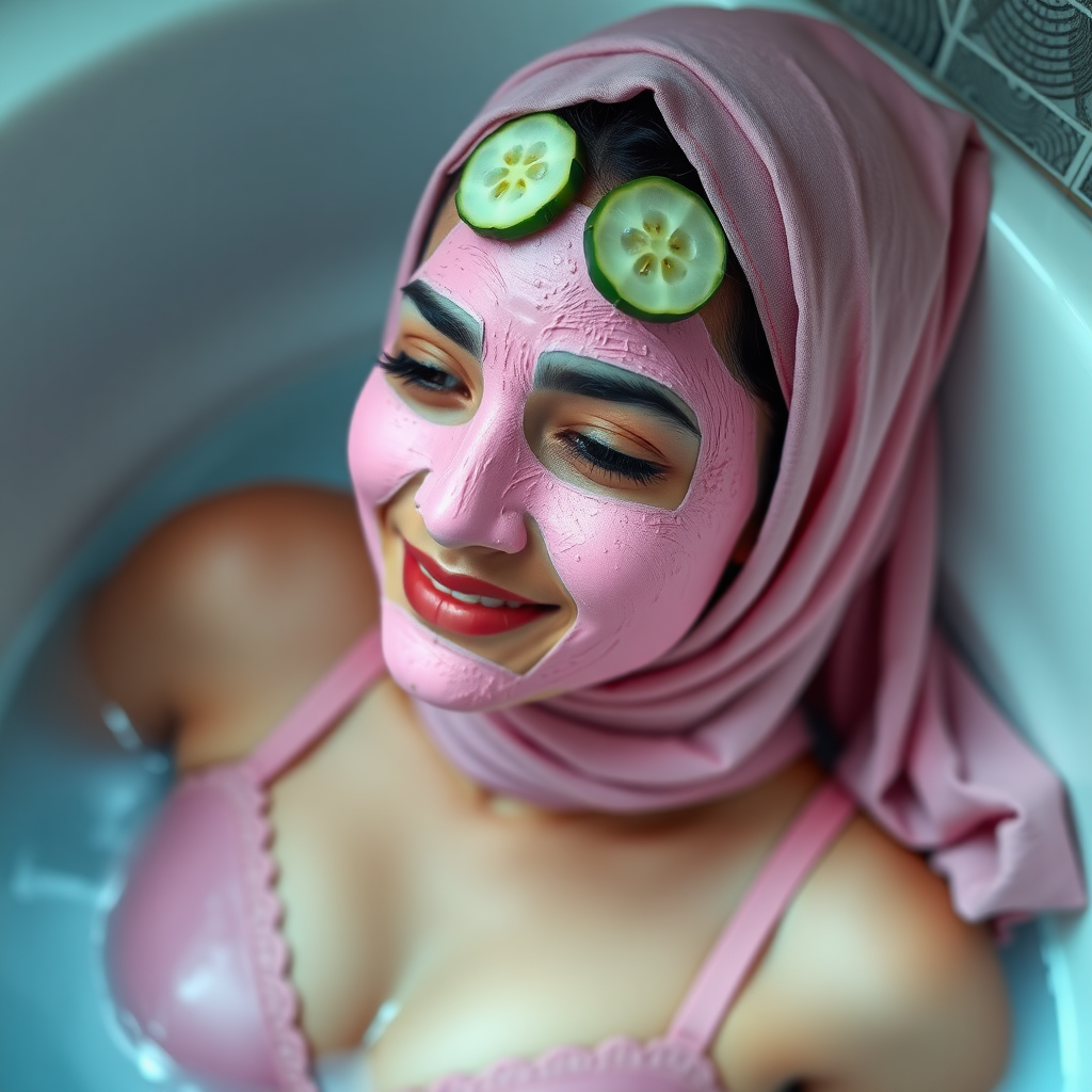 A skinny, traditional, 30 year old Indian wife with hijab, wearing a bra and skirt, lying in a bathtub. Her face is covered with a pink face mask, and her eyes are covered with cucumber slices. She looks satisfied from her facial expression.