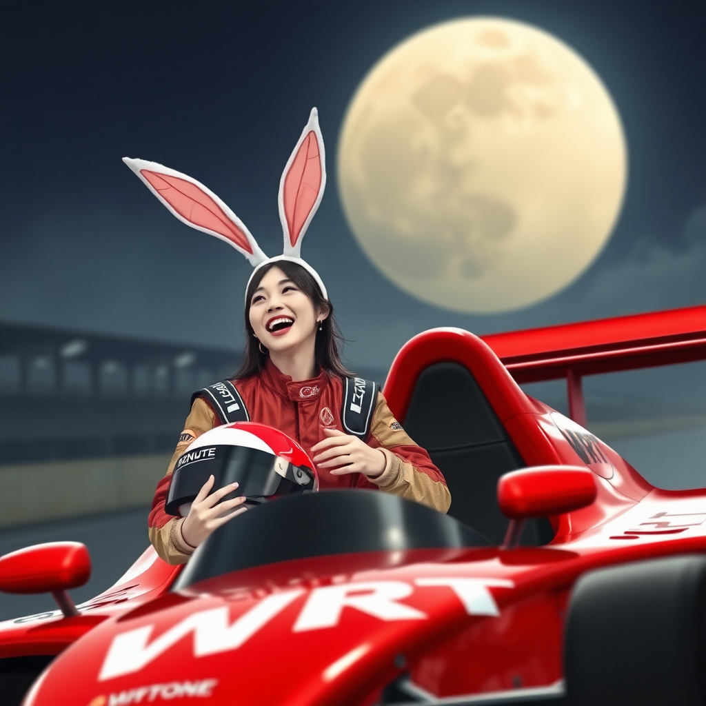 A red race car with "WRT" written on it, a beautiful Chinese female racer wearing bunny ears, holding a racing helmet and laughing, with a giant moon in the background.