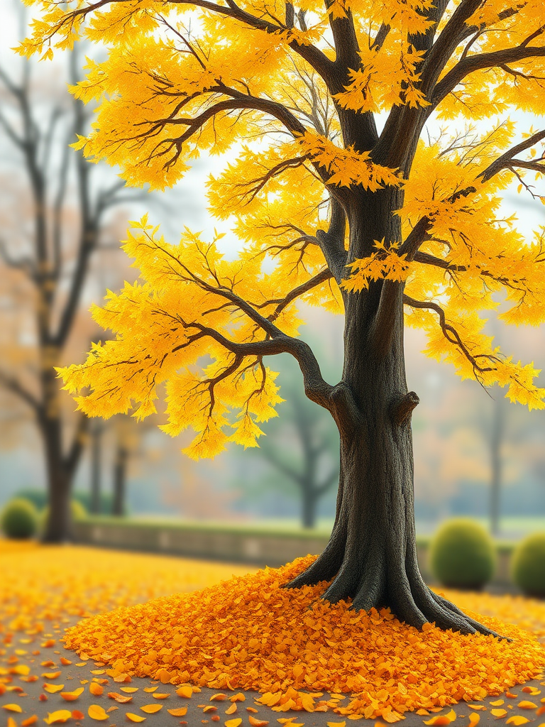 Draw it as if it were real, with an old, large, yellow ginkgo tree standing on the right, and ginkgo leaves piled up underneath, to express the fall when the ginkgo leaves fall, and the background should be out of focus to express an autumn park.