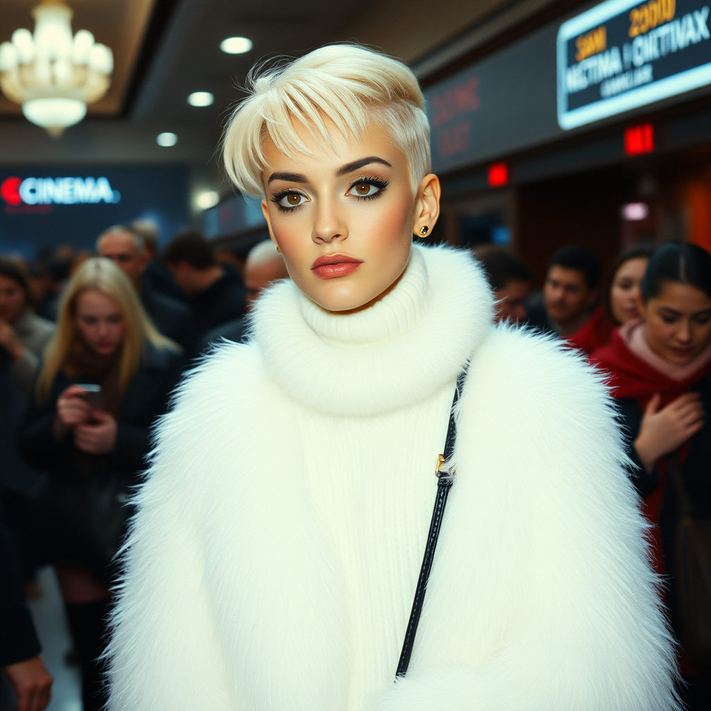 1990 winter evening, crowded cinema lobby: Sam, 19 years old beautiful involuntary femboy, rebellious intractable character, petite boyish figure, platinum blond boyish rebel punk hairstyle, flawless heavily made-up face with sharp arched tattooed eyebrows, wearing Supertanya-style fluffy very fuzzy bright white angora turtleneck-poncho fully covering body and arms, black leather high-heeled thigh-high boots, gold earrings, puzzled alarmed, black leather handbag, pout serious, impatiently waiting for her master. Focus on Sam’s face and turtleneck-poncho.