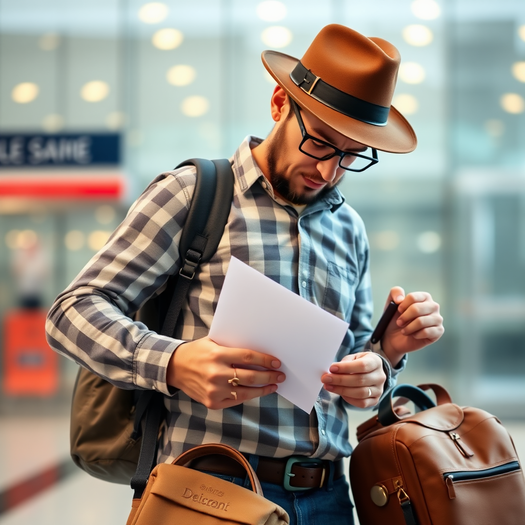 create a photo realistic image of a tourist who is looking for a document in his travel bag but cannot find it and is stressful. Make the image rectangle and not square