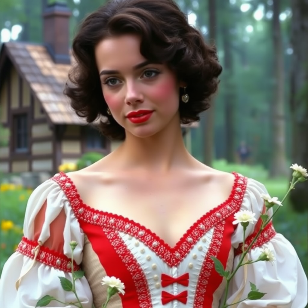 a 1980s film still of a 18 year old beautiful alluring sweet feminine prince with short wavy curled dark chestnut hair, coral lipstick and red blush. Wearing a white and red off shoulder peasant gown with v u shaped neckline and large puff sleeves and a corset. Picking flowers near a cottage in a forest.