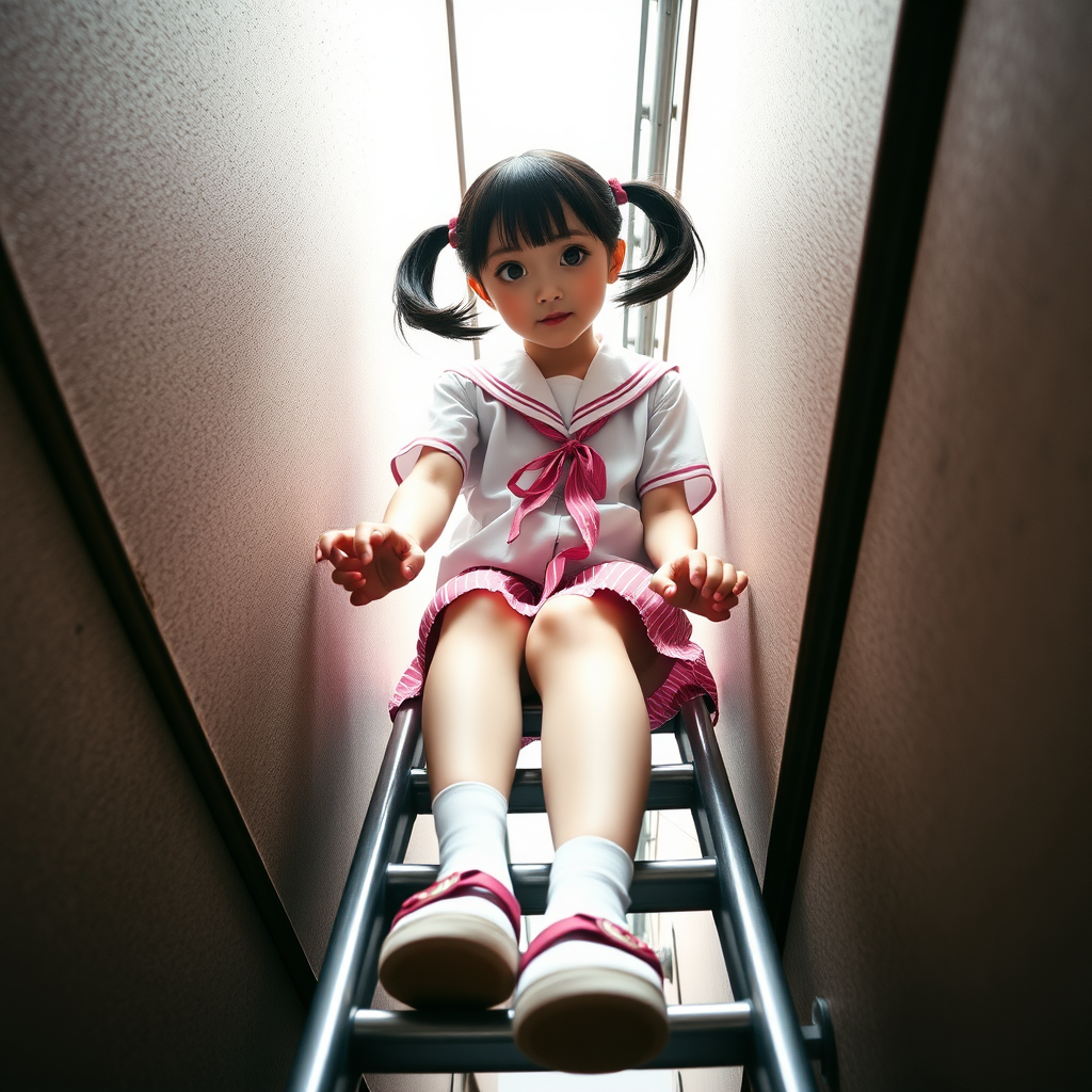 chubbyy 12 year old japanese schoolgirls in pink pigtails school uniform climbing a ladder, low angle pov