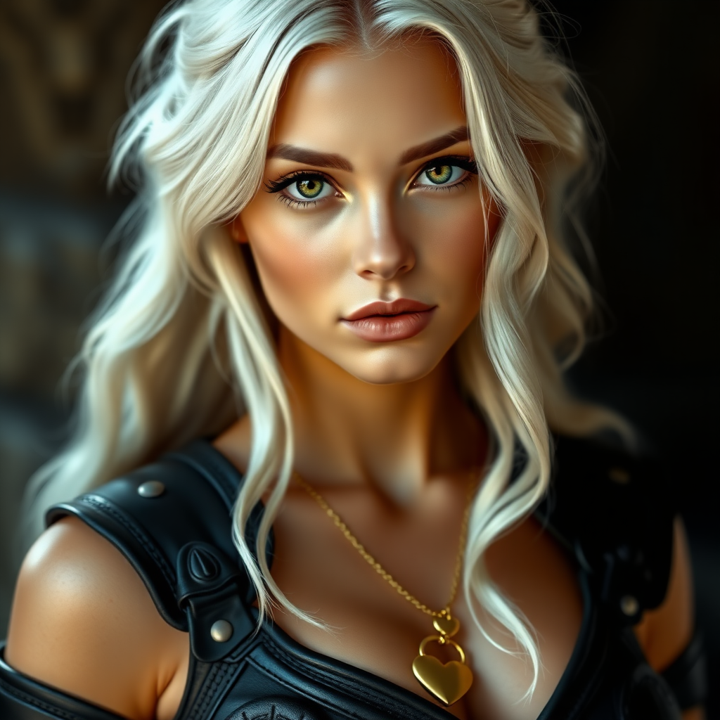 Portrait of a beautiful young woman with long wavy platinum blonde hair, green eyes, a suntan, light brown eyebrows, and large breasts. She is wearing black leather armor and a gold necklace with a small heart pendant.