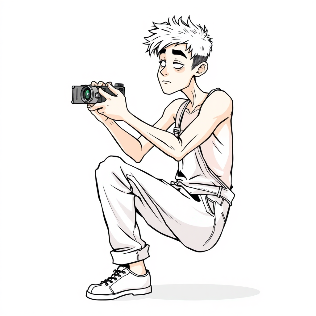 shy nervous small 18 year old european skinny man, coveralls, tense fabric, taking a picture, squatting, fascinated, side view, detailed feet, 2D, caricature, cartoon, Sketch lines, coloring book, coloring book