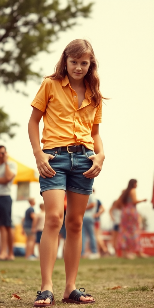 Vintage photo, 1980s. Hot summer. Woodstock. A tall skinny 13yo teen boy wearing short shirt, tight booty shorts, long legs, bare thighs. With a girl wearing shirt, long skirt. Full length view.