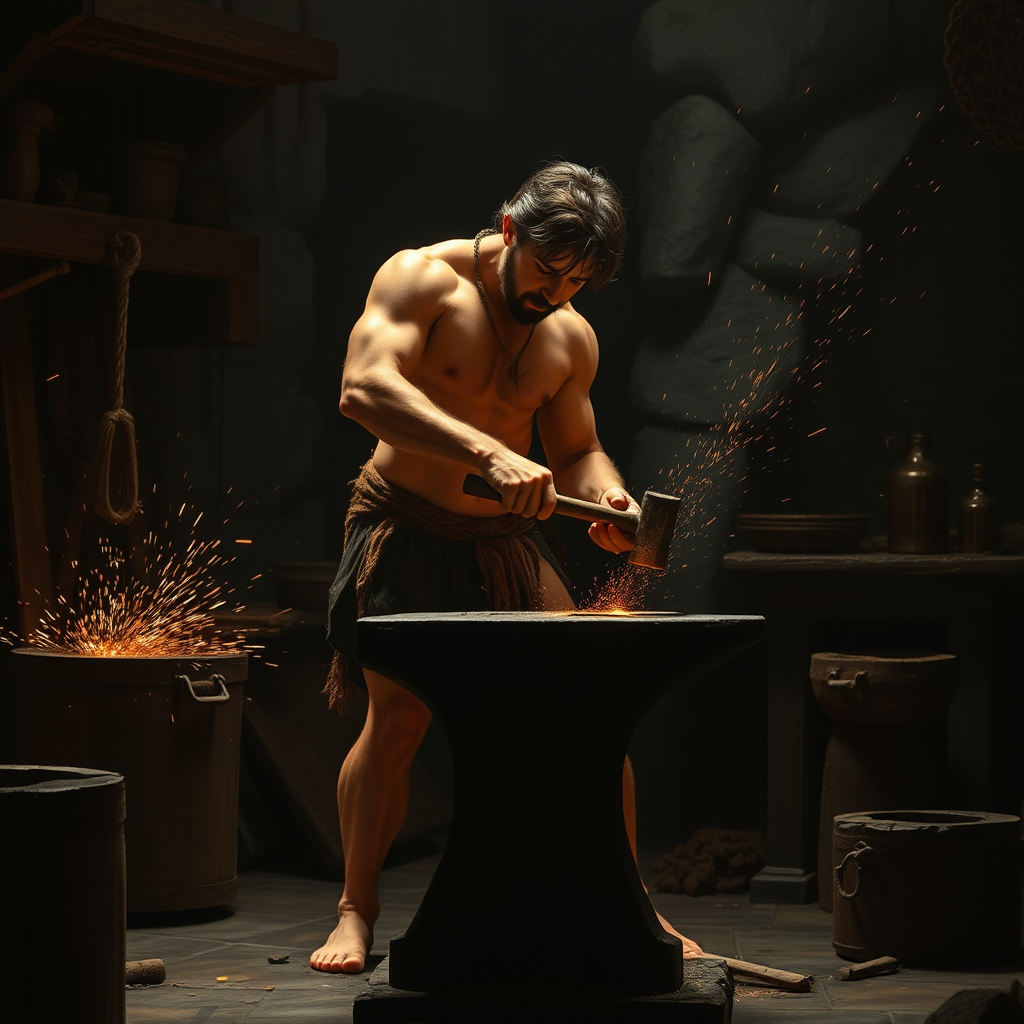 A human male in only a loin cloth hammering with a hammer on an anvil in a dark blacksmith workshop as sparks fly around him