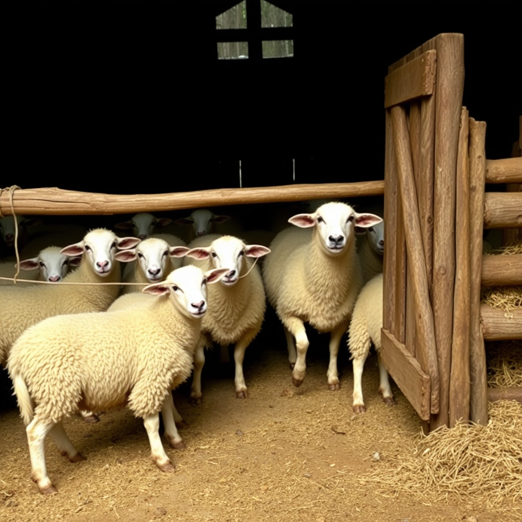 sheep in a barn, restricted by a gate, one breaks free from confinement