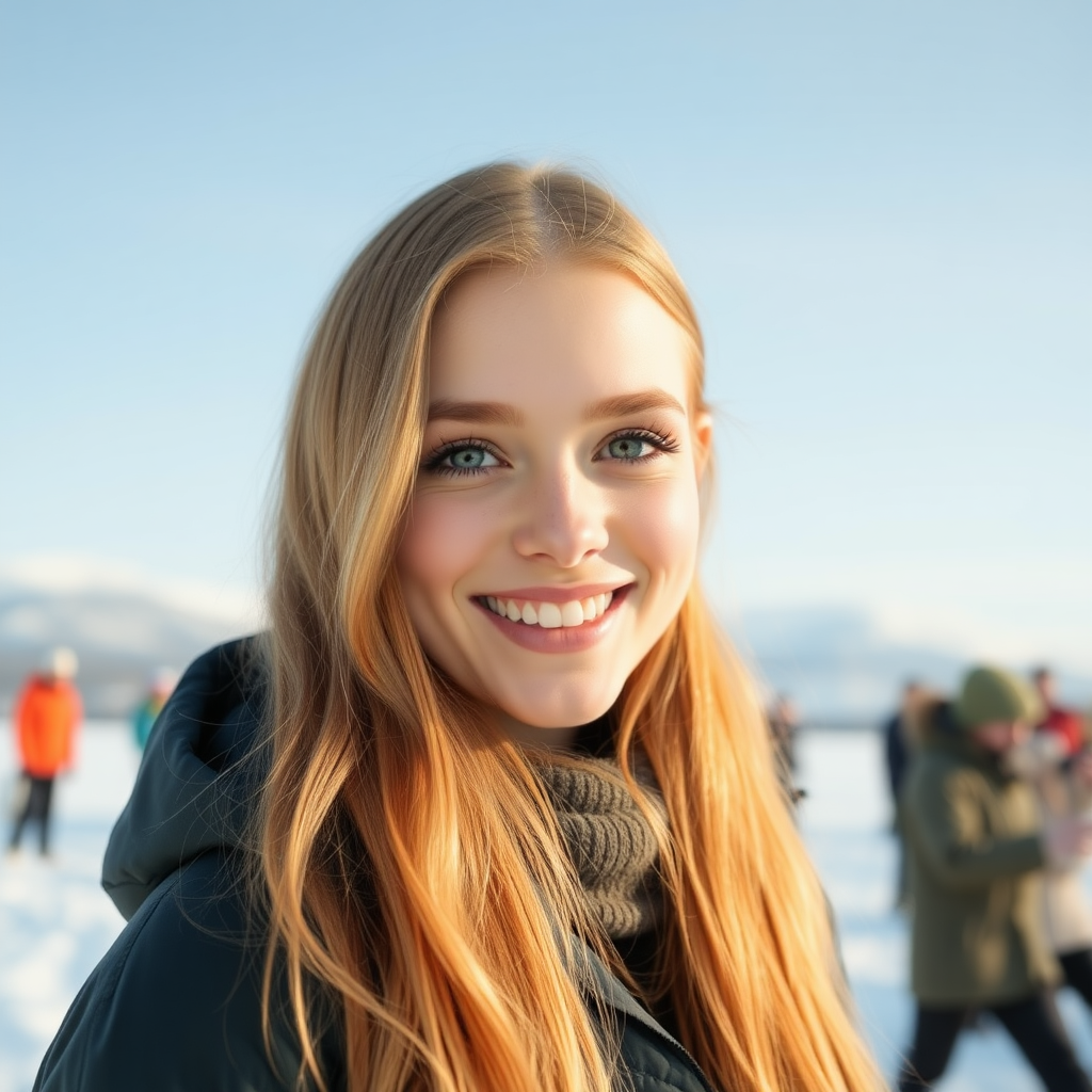 beautiful happy young woman with cherry blonde long hair, full lips, perfect eyebrows, pale skin, on Alaska during winter in Anchorage on sunny snow day