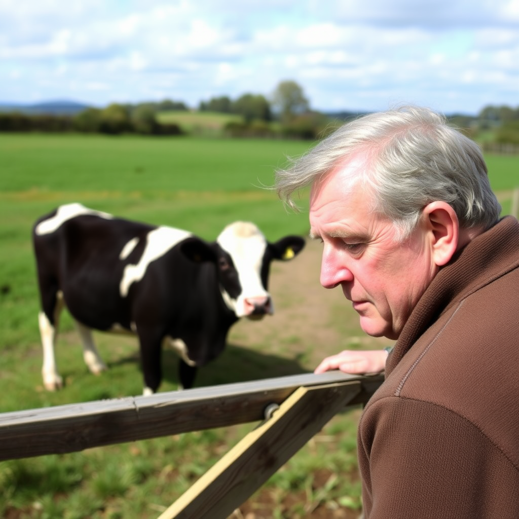 Vaughan Williams looking over a gate at a cow.