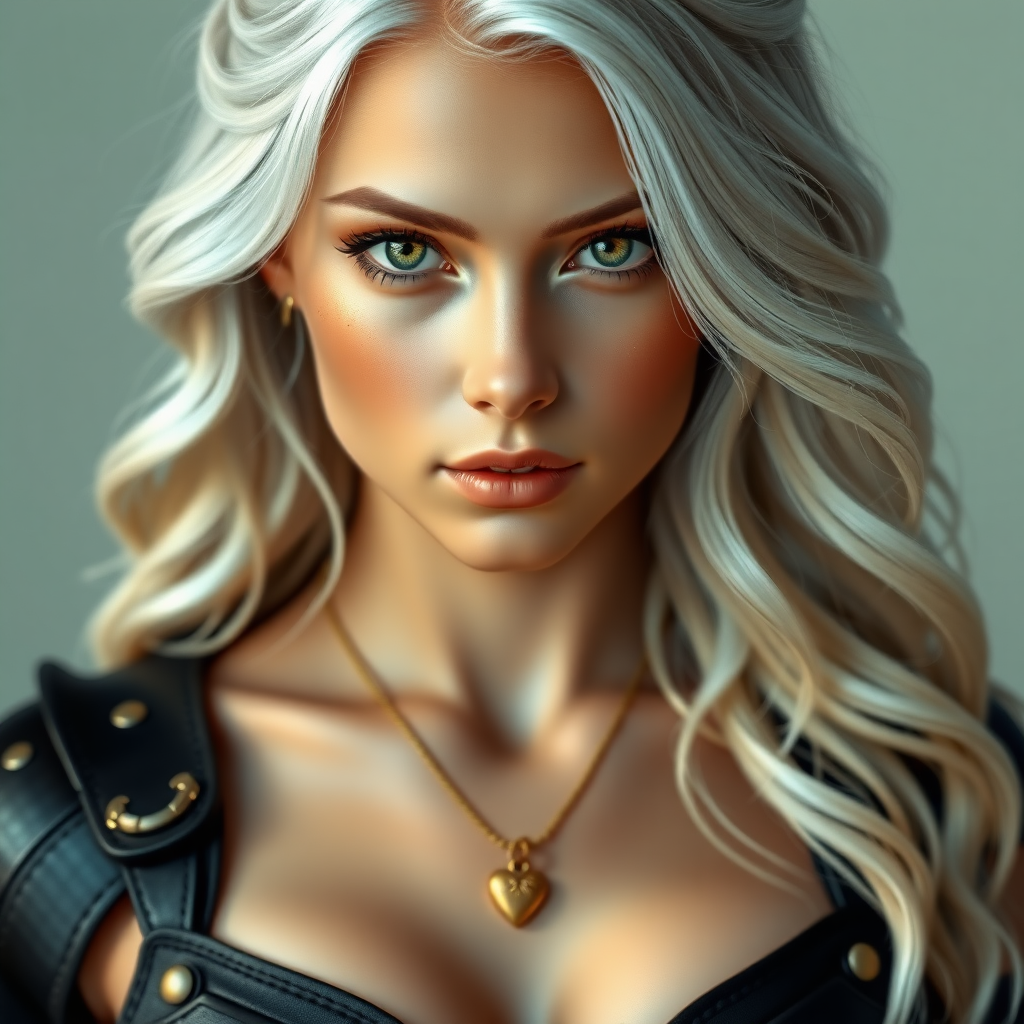 Portrait of a beautiful young woman with long wavy platinum blonde hair, green eyes, a suntan, light brown eyebrows, and large breasts. She is wearing black leather armor and a gold necklace with a small heart pendant.