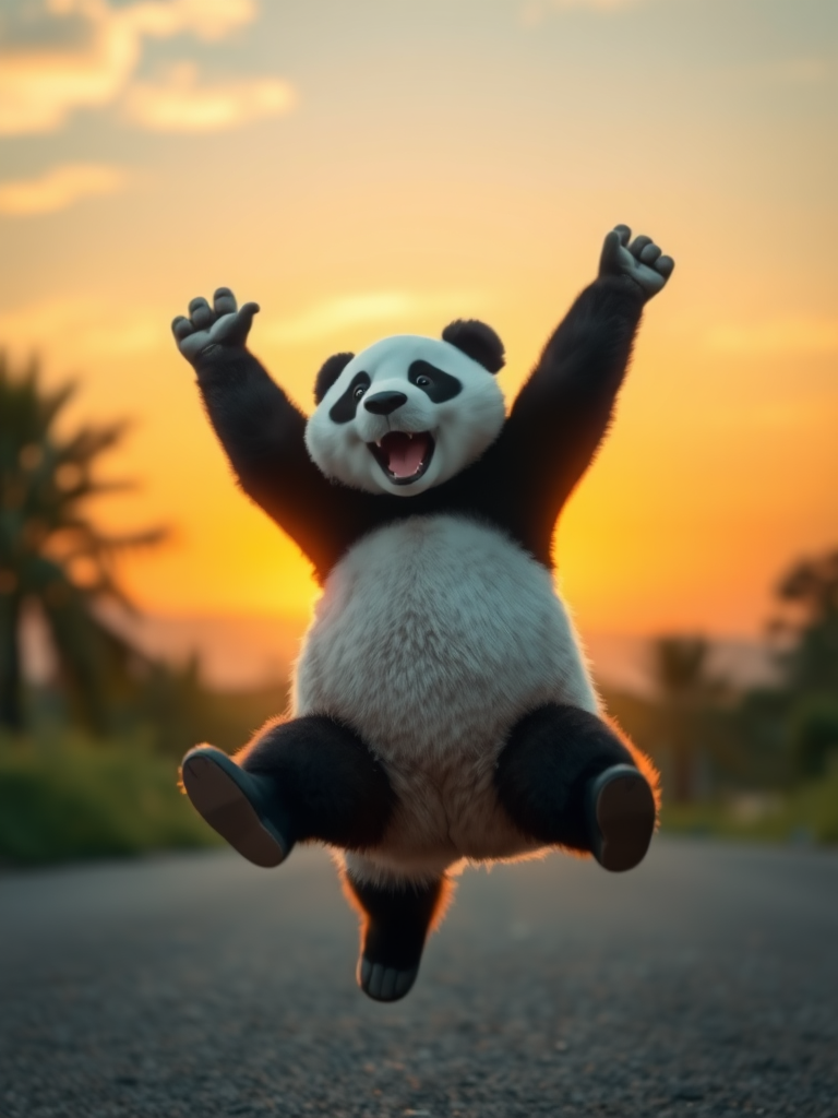 A picture of a happy panda bear jumping in front of the sunset