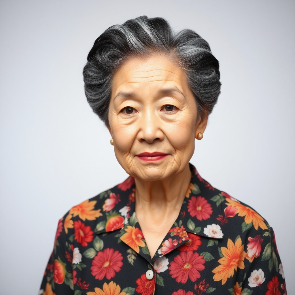 80 age old korean woman, front, flower shirt, photo studio background, Short permed hair, black and white hair