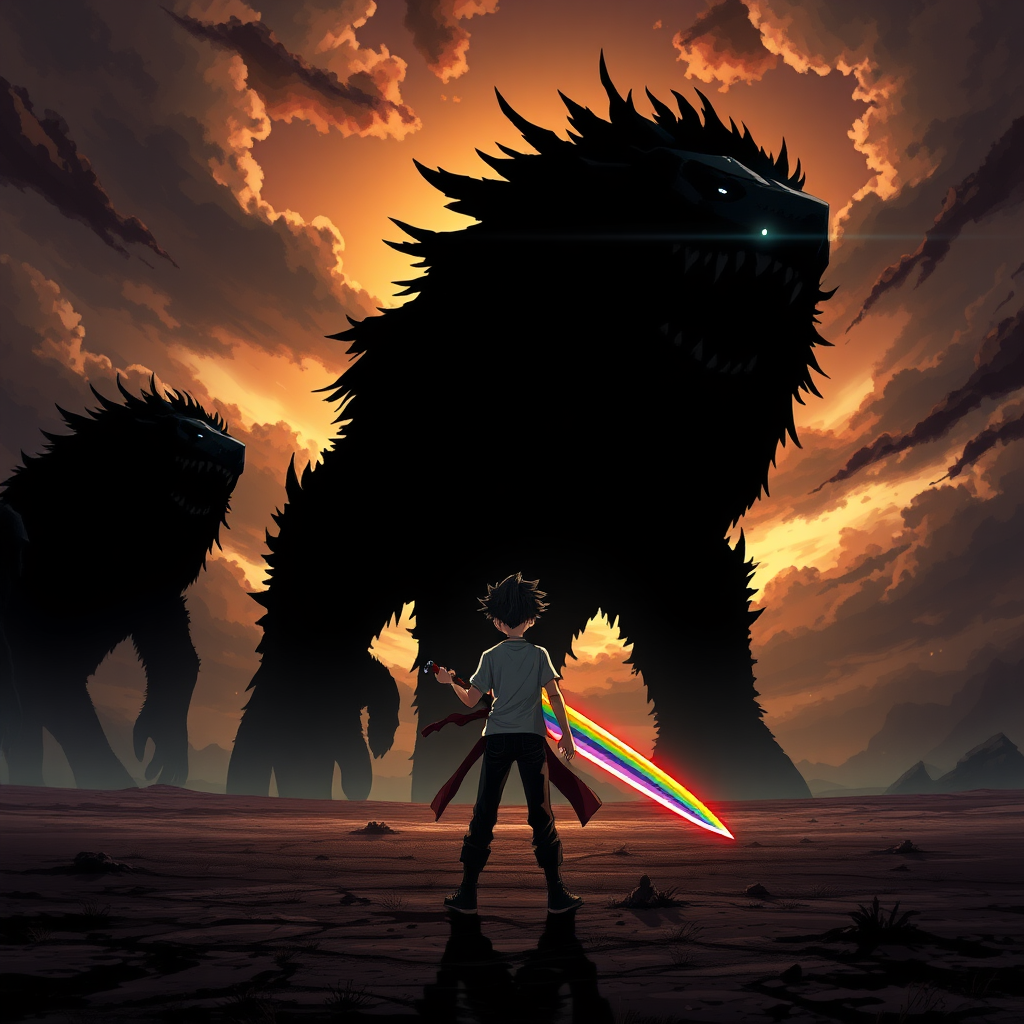 (Anime Style Art), An apocalyptic background, dark skies, plain-field, 3 giant-beings made of black shadow pure-darkness with only 1 white lens flare as an eye, (The Roaring titans), a badass young-teenage boy holding a rainbow-flaming sword stands