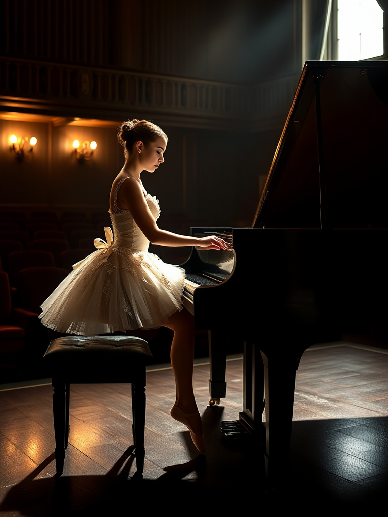 In the dim-lit auditorium of a historic ballet company theater, the air is thick with a sense of nostalgia, the kind that whispers stories of artistry and talent. A ballerina, poised elegantly on a weathered wooden stool, plays a grand piano with a mastery that transforms each note into a haunting melody. Clad in a delicate, ivory vintage tutu adorned with intricate lace and shimmering sequins that catch the soft light, her hands glide over the polished ebony keys, creating a symphony that echoes through the room.

The stage is bathed in a magical, ethereal glow, casting warm, golden highlights that accentuate the ornate details of her costume and the glossy sheen of the piano’s surface. Shadows dance gracefully along the walls, mingling with the muted colors of the velvet curtains that frame the stage. The scent of aged wood mingles with a faint hint of blooming jasmine wafting in from an open window, enhancing the dreamlike quality of the moment.

As she plays, a hushed silence envelops the audience, each note evoking memories and emotions that hang in the air like an invisible tapestry. The ballerina’s expression is serene yet deeply introspective, revealing a connection to the music that transcends the physical realm. Her fingers move with a fluid grace, reminiscent of the graceful pirouettes she performs when dancing, as if her entire being is infused with the rhythm of the piece.

In this intimate setting, the atmosphere pulses with a bittersweet beauty, where the past and present intertwine, inviting all who are present to lose themselves in the enchanting world of dance and melody that unfolds before them.