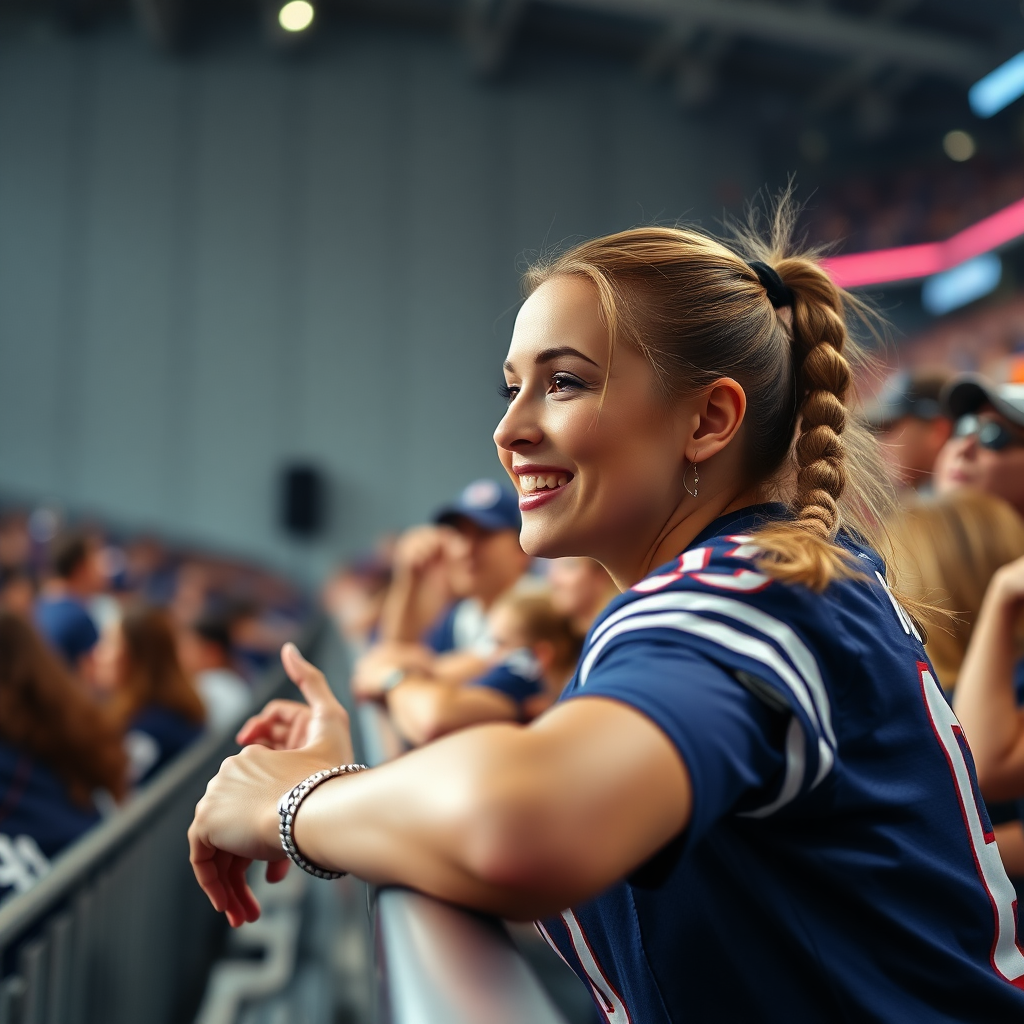 TV camera perspective of an attractive female NFL fan leans forward over the barriers and cheer, pigtail hair, jersey, inside front row crowd