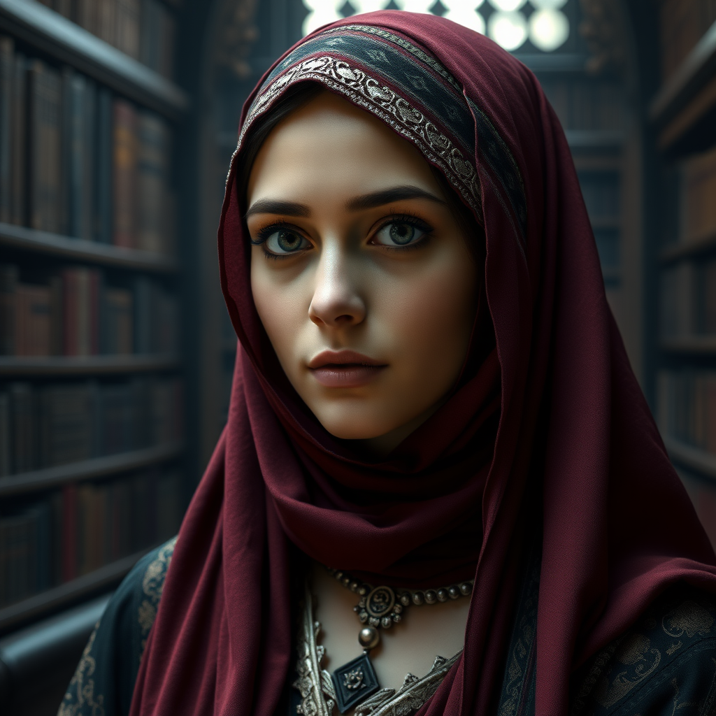 In the world of Vampire the Dark Ages, a beautiful and enchanting 17-year-old Muslim woman with Arab features and a cadaverous complexion, dressed like a Middle Ages Persian woman. The image should show the character from the head to the waist without revealing her hair or throat. The background should depict a medieval library. high definition, photorealistic, 16K.