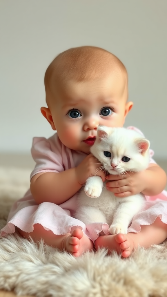 A cute small chubby fair baby with big eyes, pink lips, and pink cheeks wearing a light pink frock is sitting on a furry rug holding a white fluffy cute cat.