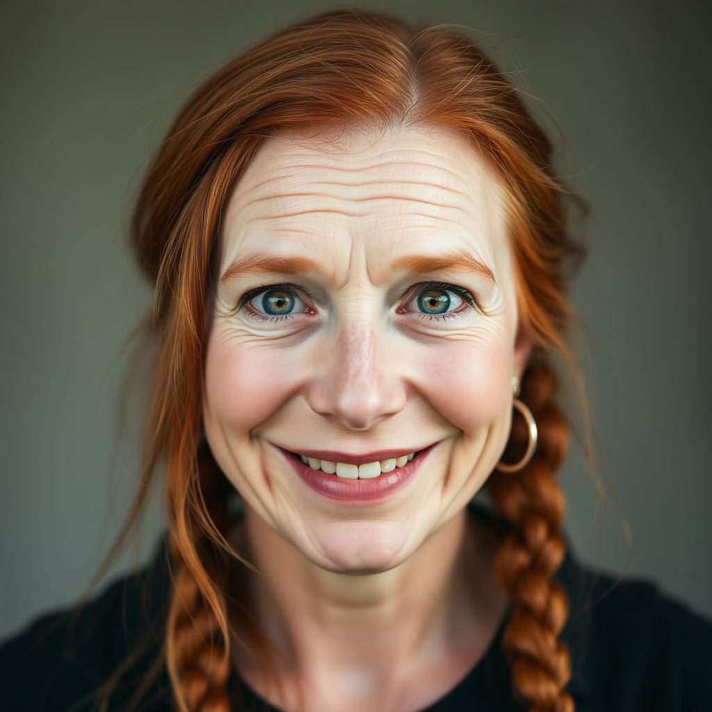 Photo. Highest quality. Portrait. Close Up of a whimsical friendly smiling slightly wrinkled beautiful red-haired woman in her 30s similar to Pippilotta Longstockings. Only slightly wrinkled.