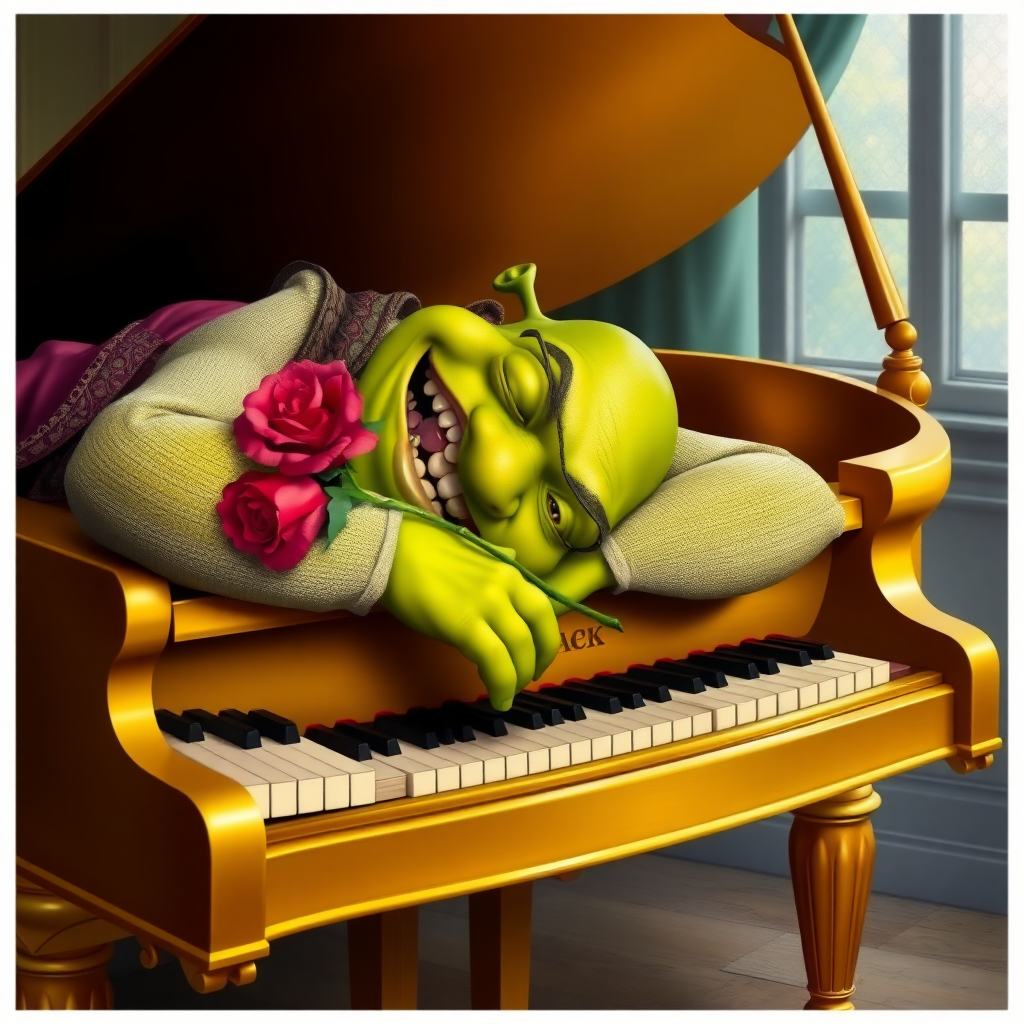 Shrek is laying on the top of a golden grand piano with a rose between his teeth.