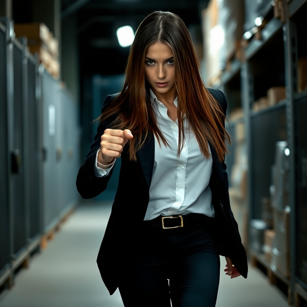 A beautiful straight long haired female burglar in a black blazer over a white shirt with dark black pants escapes from a dark warehouse.