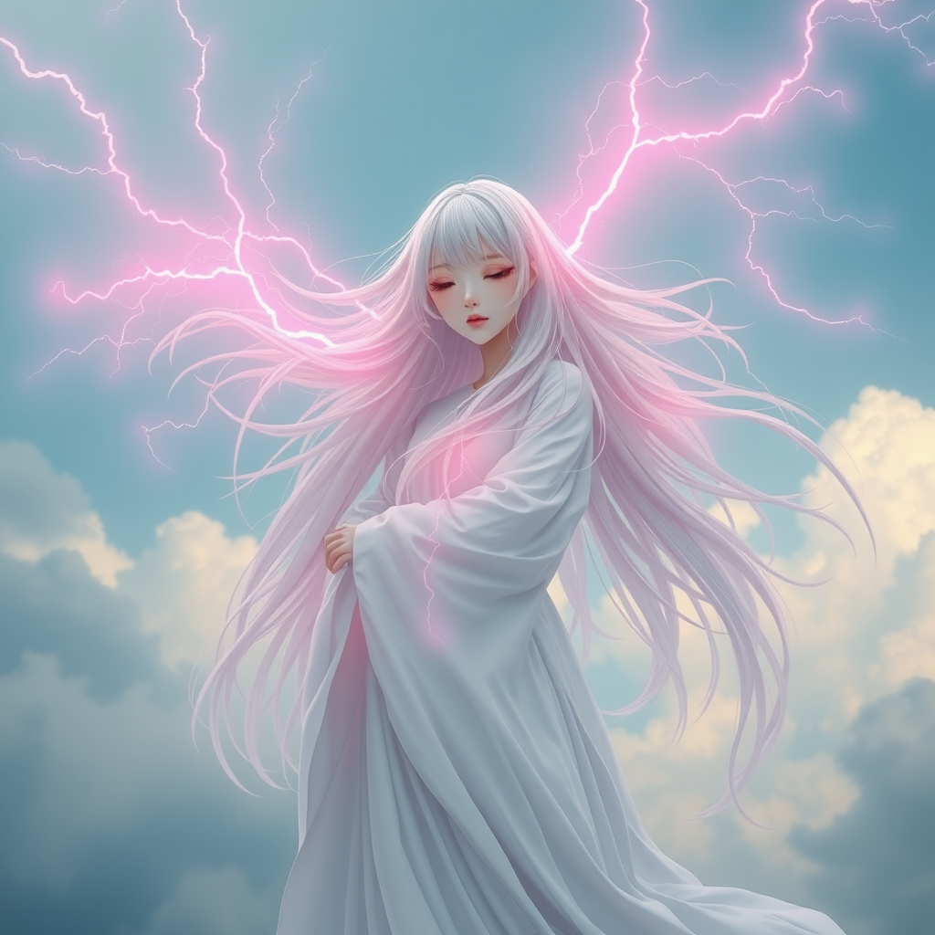 XUER large lightning Mantra,1girl,solo,long hair,closed mouth,closed eyes,white hair,sky,cloud,white dress,floating hair,cloudy sky,facing viewer,long dress,electricity,pink lightning, realistic,highly detailed,ultra-high resolution,32K UHD,sharp focus,best-quality,masterpiece,masterful details,temperate atmosphere,with a high-end texture,concept art, <lora:绪儿 五雷决 XUER large lightning Mantra:0.8>,midair,eyeshadow,makeup,