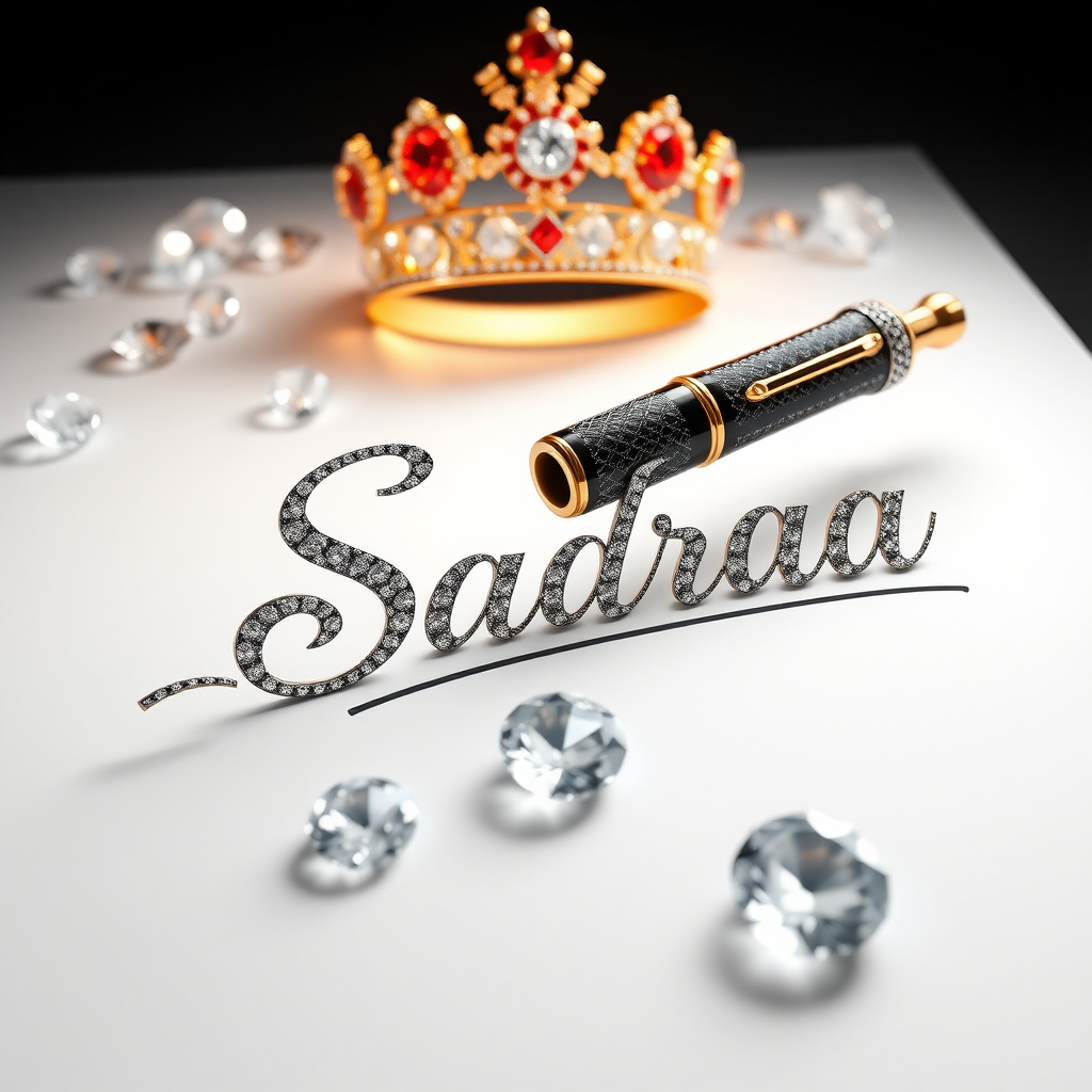 A mesmerizing 3D render of an opulent black and gold diamond pen, poised gracefully as it inscribes the name "Sadraa" in luxurious cursive. The pen is crafted with intricate detailing, its shimmering black body and gold accents exuding elegance. Resting atop a large, royal red diamond crown, it commands attention with its regal presence. The backdrop is a pure white canvas, adorned with radiant, crystalline diamonds that glimmer under the soft light, creating an atmosphere of unmatched luxury and refinement. The typography is both elegant and striking, evoking a sense of timeless sophistication. Perfectly suited for high-end promotional material or posters, the scene captures an exquisite balance between opulence and artistic finesse.

Inspired by the vivid styles of Léa Bounty, Leonid Afremov, Kyle Lambert, and Monica Zagrebelna, the image draws from their bold use of color, light, and texture.

---

### **Technical and Artistic Specifications:**

- **Resolution & Display:**  
  - Render at 64K UHD resolution with a wide color gamut and painstaking attention to detail, ideal for professional platforms like ArtStation and Behance.
  
- **Digital Art Techniques:**  
  - Employ Corel Painter, ZBrush, and Adobe Photoshop to achieve lifelike 3D volume, meticulous shading, and hyper-detailed texturing.
  
- **Materials & Textures:**  
  - Use high-quality metallic flakes, pigments, and glass beads to create a rich, tactile surface that catches light beautifully.
  
- **Lighting & Depth:**  
  - Create a serene chiaroscuro effect with soft, ambient lighting that enhances depth. Shades of grey, black, and white should subtly interact to bring out the intricacies of the pen and surrounding diamonds.
  
- **Rendering Quality:**  
  - Incorporate advanced 3D rendering techniques, including volumetric lighting and hyper-realistic sketch textures, to ensure every detail is captured with sharp clarity.
  
- **Composition & Focus:**  
  - Approach the scene with a cinematic close-up, focusing on the pen’s fine details and its elegant motion. Use a balanced f/11 aperture to ensure depth while maintaining vivid colors and exquisite detail in every corner of the frame.

- **Overall Harmony:**  
  - Strive for visual harmony by blending luxury with artistic subtlety, ensuring that each element—light, texture, and form—works in concert to evoke an emotional response of awe and refinement.

### **Key Artistic Elements:**
- Tranquil chiaroscuro lighting for mood and depth.
- Subtle, soft color palette with elegant shades of grey, black, and white.
- 3D volumetric effects for heightened realism and spatial integrity.
- Intricate pencil sketch texture for fine details.
- Gentle, lifelike depth that enhances the overall luxurious feel.

---

The final composition should seamlessly blend technical mastery with emotional resonance, capturing the elegance and artistry of the pen while immersing the viewer in a world of luxury and sophistication.