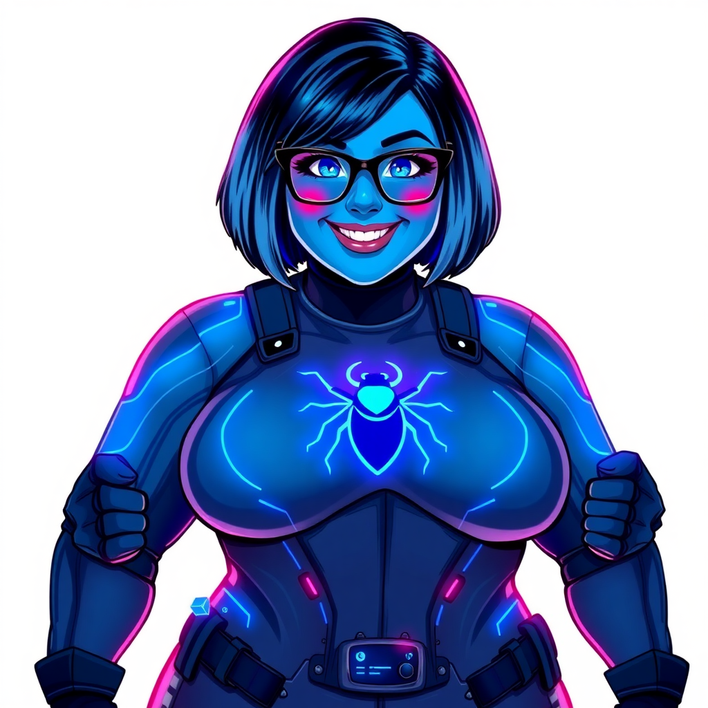 A 28-year-old full figured, computer science major, now transformed into a full figured, nerdy digital sidekick for her cyberpunk vigilante boyfriend, with maximum blue skin. Her bob cut seamlessly blends with her skin, appearing to merge together as computer data, and her neon blue eyes glow intensely. Her full figure is defined by a prominently, round, gargantuan midsection, sequoia-sized limbs, and broad shoulders. As a loyal and supportive sidekick, she plays a crucial role in their missions, using her digital skills to assist and protect.

She wears a digital, computerized maximum blue bodysuit which blends with her hair and skin (appearing to merge together like computer data), all are colored maximum blue. The bodysuit has a neon blue chest icon of a beetle, along with matching high-tech gloves. She bashfully giggles with a neon red blush, emitting neon blue data cubes from her body, set against a solid white background. Heavily pampered by her doting boyfriend, her full figure (especially her prominently round gargantuan midsection) clearly shows this care. She has the ability to hack into computers and machines, and her nerdiness is blatantly obvious with her black oversized eyeglasses. Her full figure (especially her prominently round gargantuan midsection) is prominently displayed and heavily emphasized. Her outfit is influenced by DC’s Jennifer Knight Phantom Lady but remains distinct. She is drawn as if she was in a retro 2D cyberpunk fighting game. Ensure she is distinct from Inside Out's Sadness, The Power of Surge's Debra and any other character. Ensure her midsection is round and her proportions are bloated to emphasize her full figure.