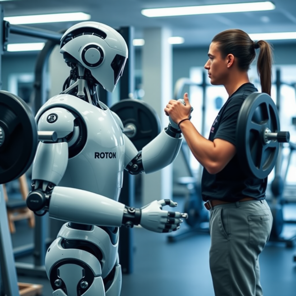 A humanoid robot weight lifting in a gym. The robot gets instructions and advice from his human fitness trainer.