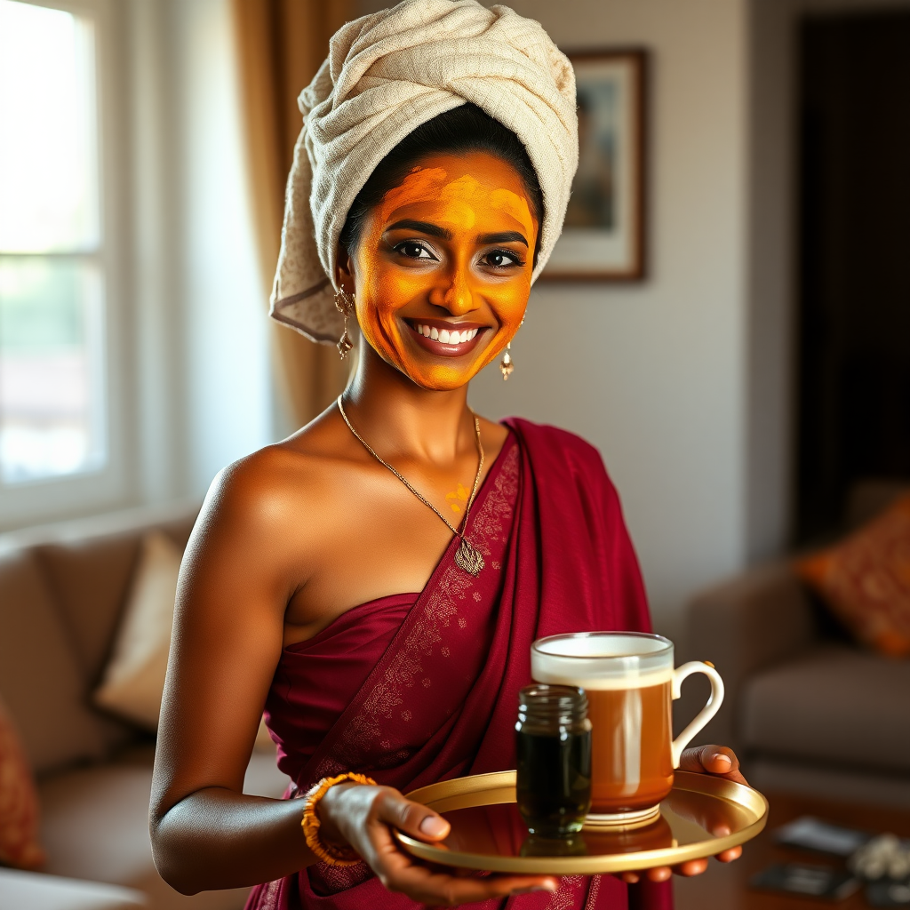 slim, 30 year old, indian Bride, towel head, turmeric face mask. She is smiling and serving coffee on a tray in living room.