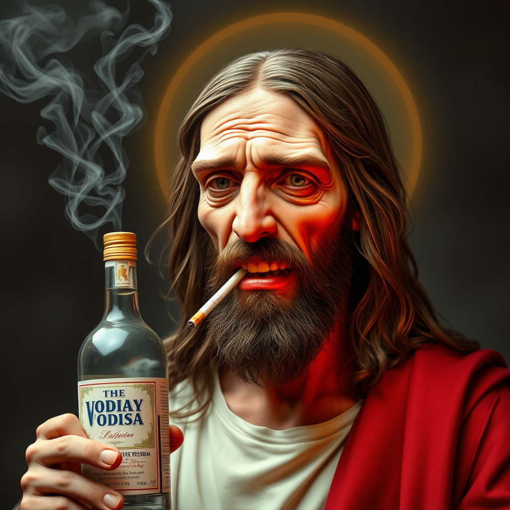 Drunk deformed face Jesus Christ, with a bottle of vodka in one hand and a smoking cigarette in mouth. photorealistic