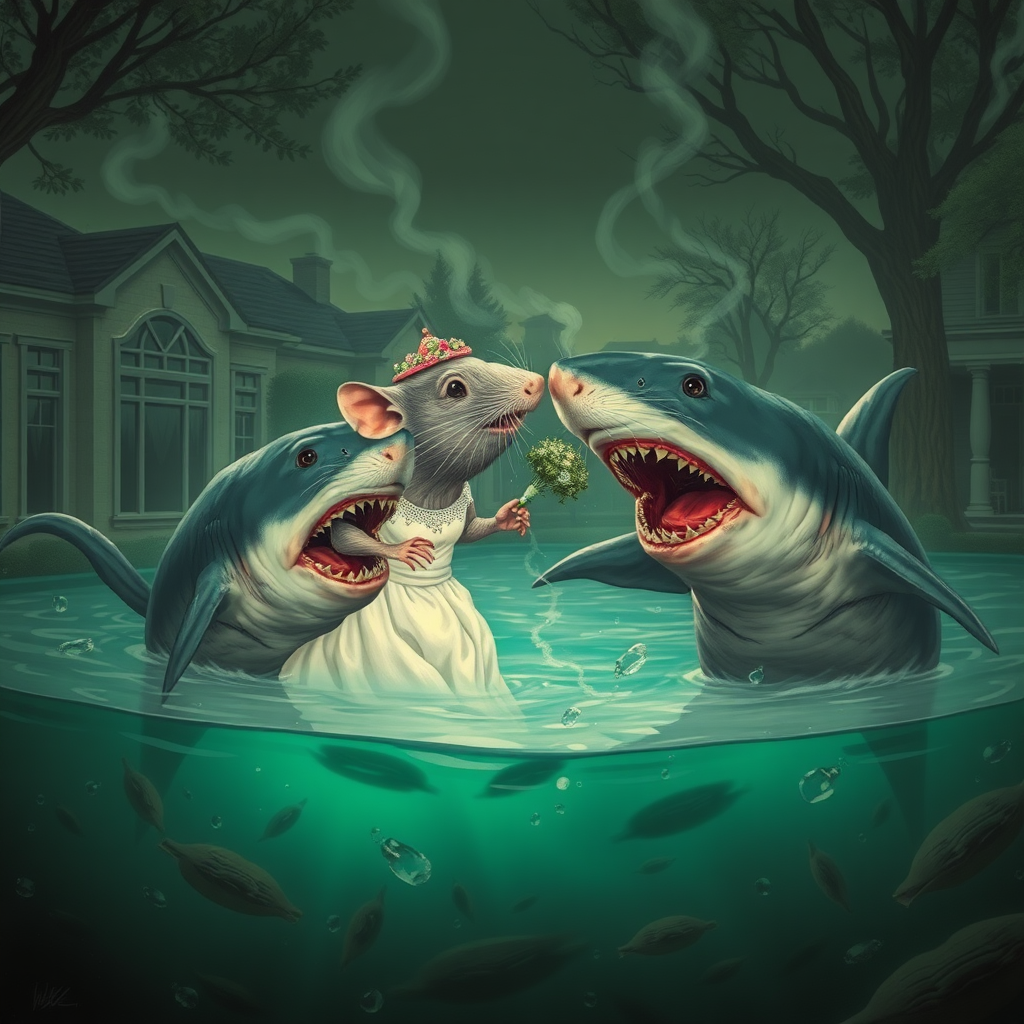 A rat wedding being attacked by hammerhead sharks, no text, Lovecraftian, sci-fi, in the suburbs, cigarette ad