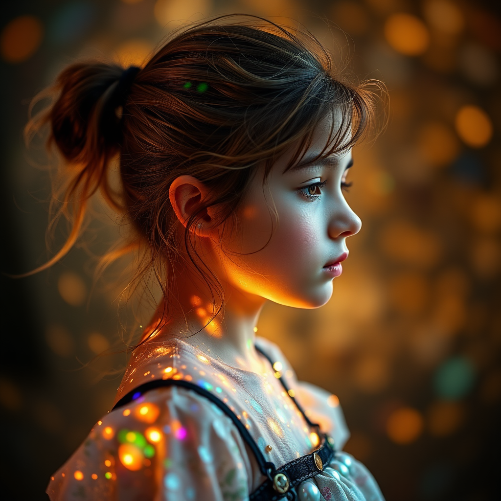 young preteen girl with aura, in dynamic pose, in profile, abstract, mandelbulb fractal, dynamic composition, street photography, fractal, brilliant colors, glittering, translucent, opal, gold, sharp focus, floral, mother of pearl, iridescent, natural, glowing, Bokeh