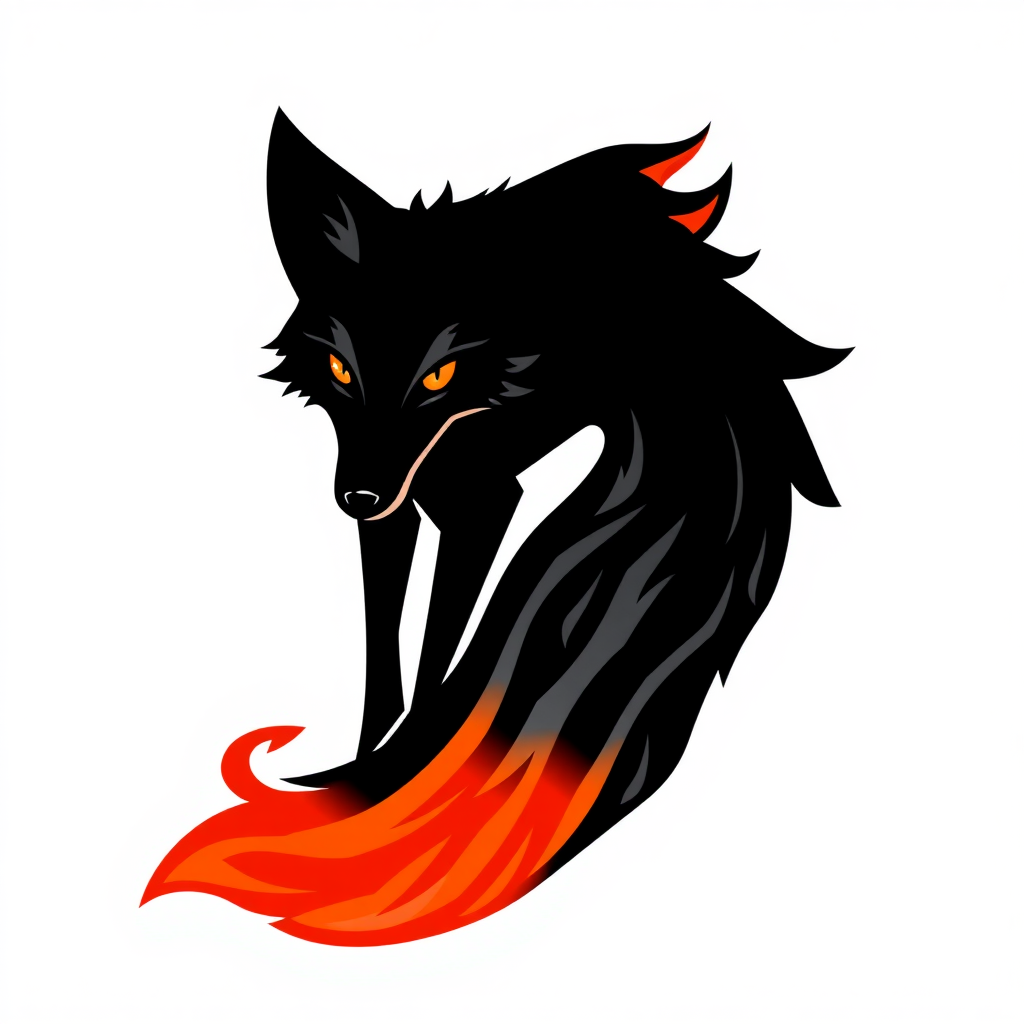 A logo of a black fox with fire for a tail and eyes