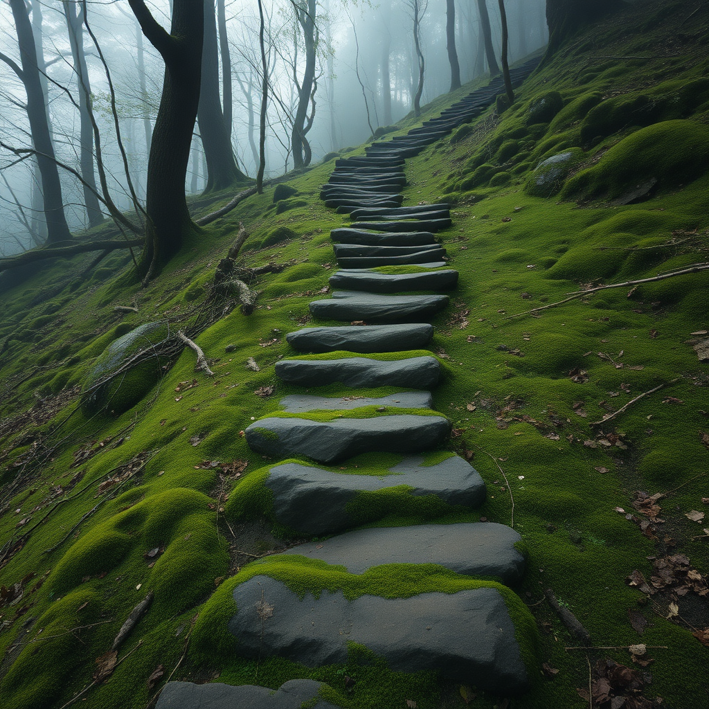 stepping stones leading up a hill that is overgrown in moss, trees, mist, raw photo