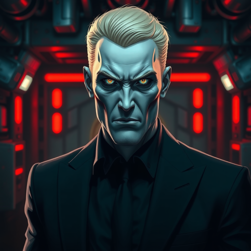 a dark and intense portrayal of the character Jackal from the Red Rising series. He is a cold, calculating figure with pale skin, sharp features, and a cruel, piercing gaze. His left arm ends at the elbow. His blonde hair is neatly styled, adding to his sense of control and menace. His pupils are gold colored. Jackal should be dressed in sleek, formal attire, hinting at his high status in the Gold society. The background should be an industrial scifi, futuristic setting, with dim, metallic tones and glowing red lights, symbolizing the dystopian world he manipulates. His expression should convey both intelligence and ruthlessness, and his body language should exude authority, as if he is always planning his next move.